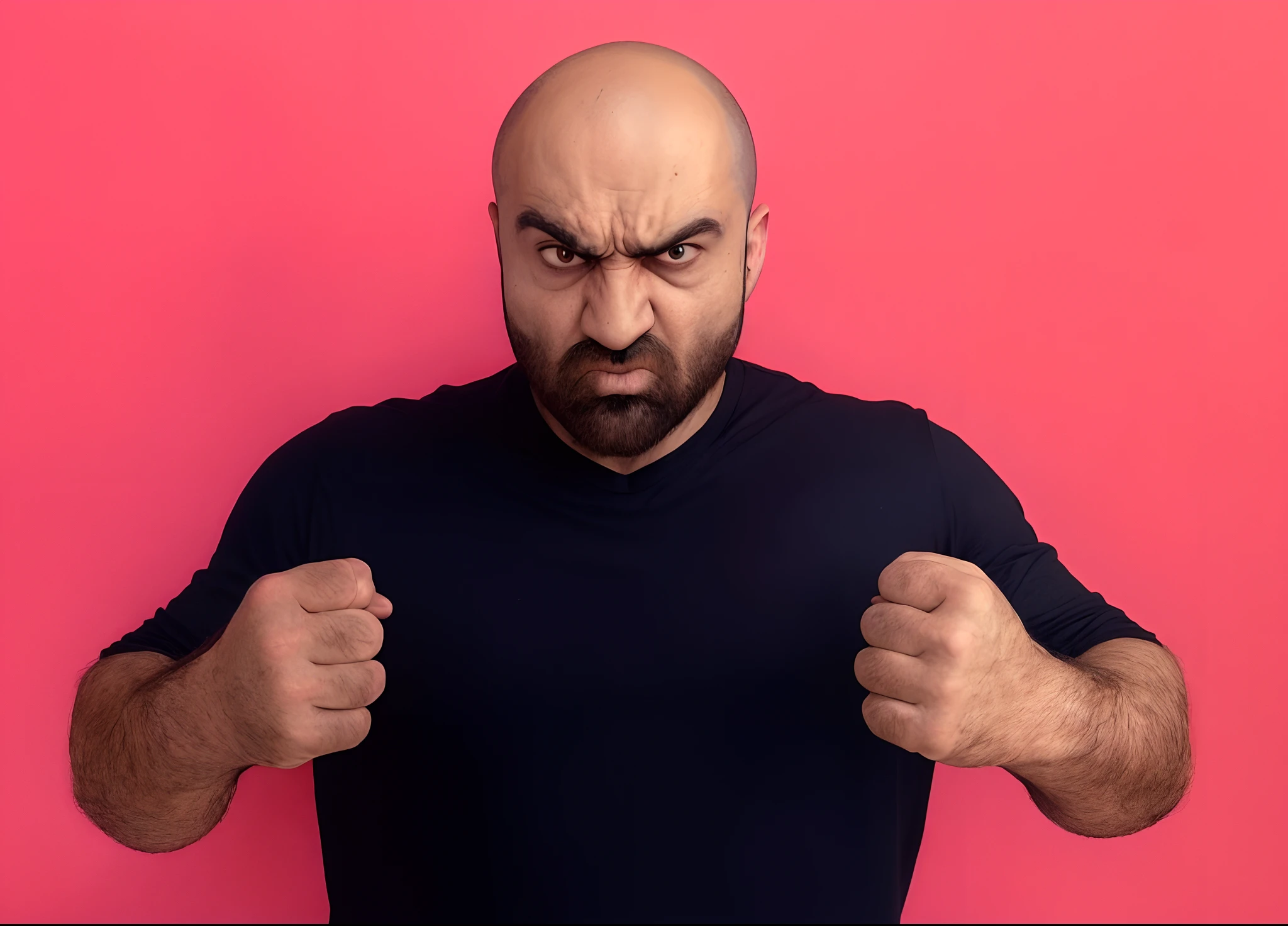 arafed man with a bald head and a beard in a black shirt, angry man, angry looking at camera, an angry expression, scary angry pose, very angry expression, angry expression, intimidating man, angry look, angry and pointing, in a fighting pose, determined facial expression, angry looking, angry look in his face, angry 8 k, strong facial expression