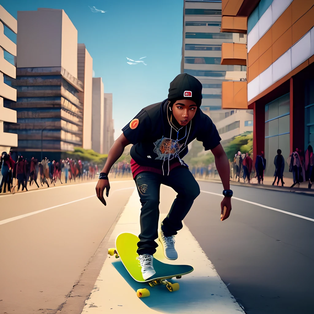 Um garoto de origem africana, Skateboarding the streets of a futuristic megalopolis, foto em Stilo Cartoon, 4k.