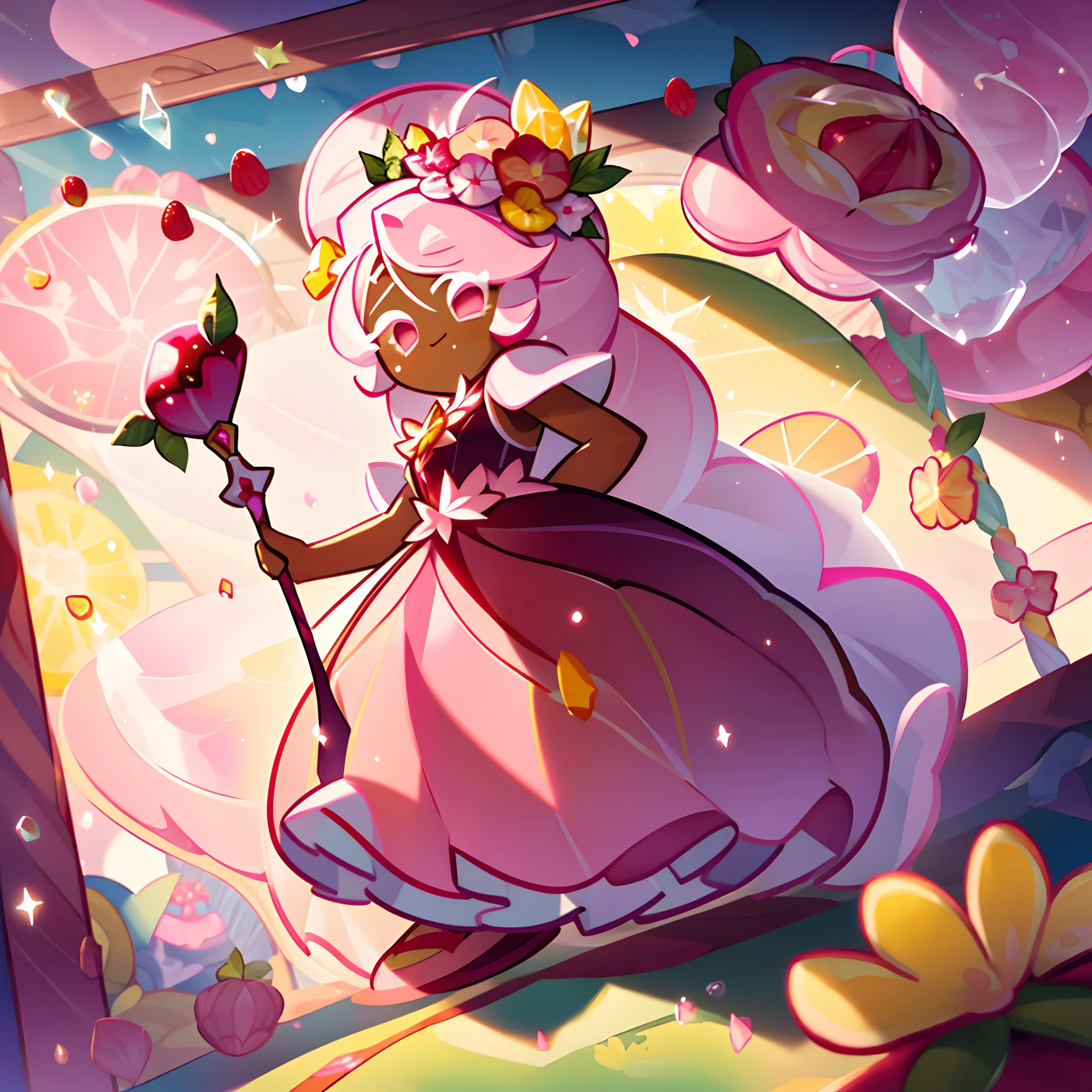 red dress, leaves, leaf crown, flowers, flower staff, transparent hair, liquid hair, white shoes, lemon staff with leaves, lemon brooch, white eyelashes, pink eyes, crown, raspberries, cookie run kingdom, pink lemonade, white dots on dress, flowers in hair, soft smile, 1girl, lemons, light pink hair, flowy hair, long hair, water droplets, dark skin, solo, full body, (pink water hair: 1.5), holding staff, raspberries on crown, yellow crown,