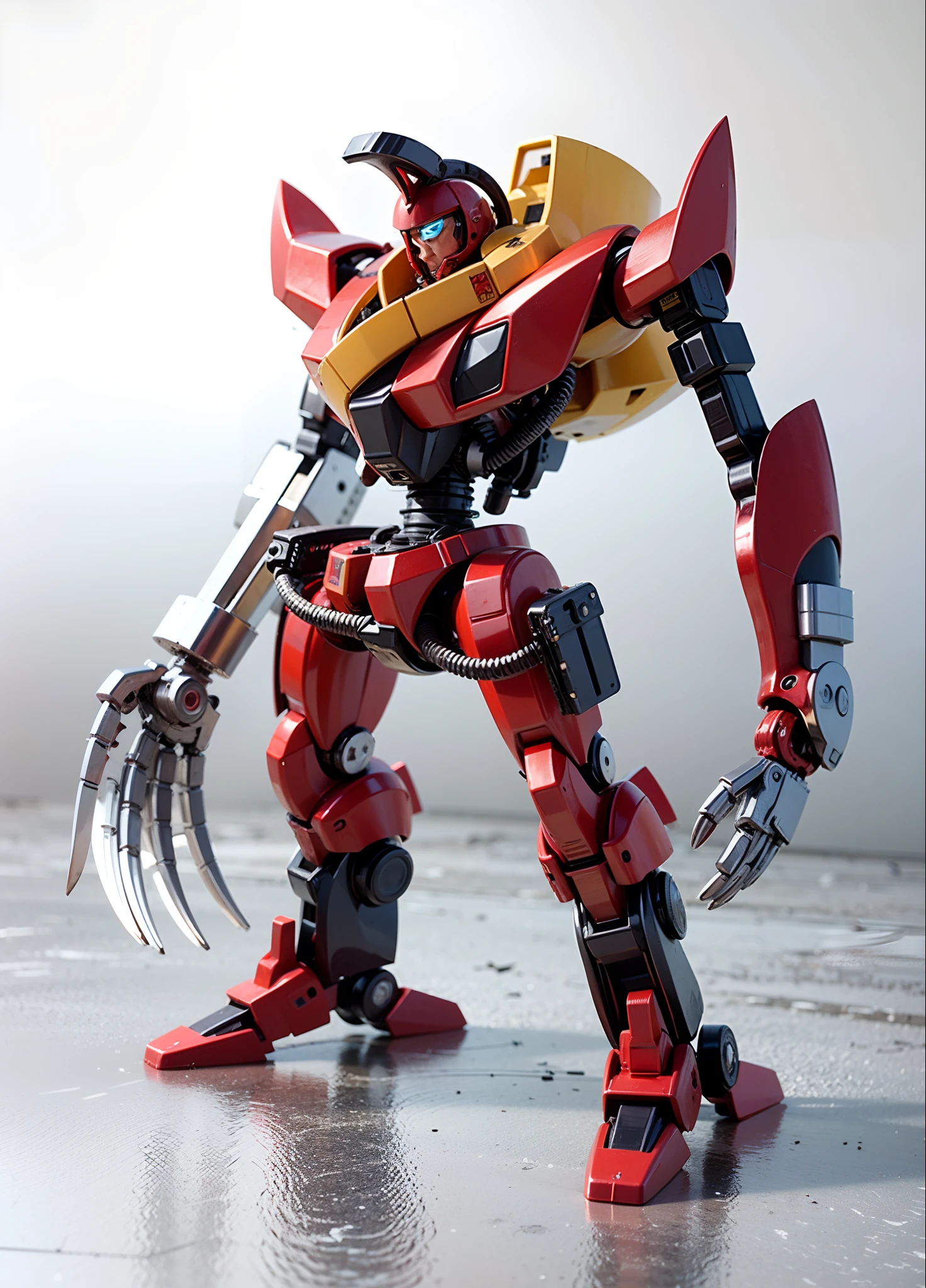 A large mecha robot, Head with red and brown metal parts, Chest with red metal parts, amarelas, cinzas e marrons, compartimento nas costas amarelo, Left arm with brown metal parts, vermelha e cinza, Right arm made of chrome-plated metal parts, Legs with red and brown metal parts