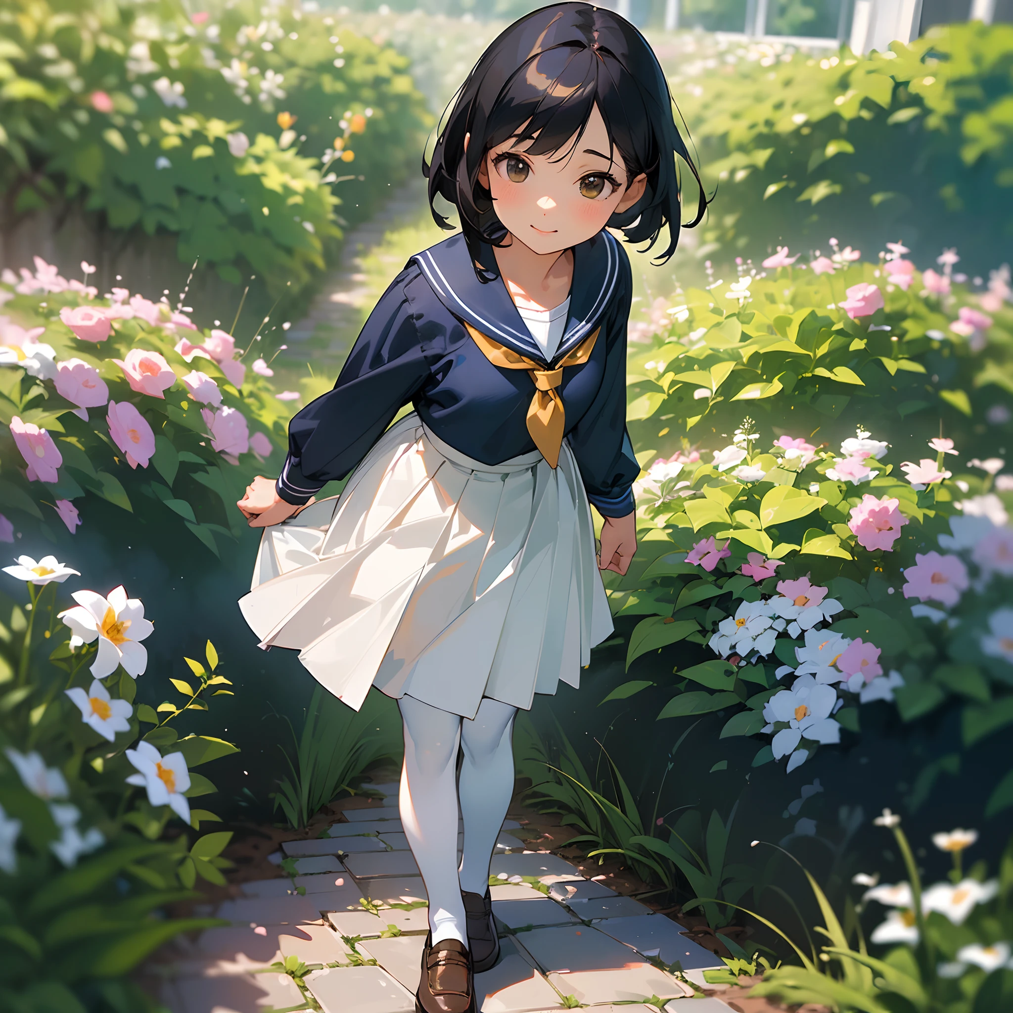 (Best Quality, hight resolution, Ultra-detailed, Realistic:1.37), peaceful ambiance, (plein air, garden), Teenage girl standing alone, Beautiful detailed features, Cute smile, ((Black bob hair)),Navy blue sailor suit, Pleated skirt,White tights,Brown leather shoes.