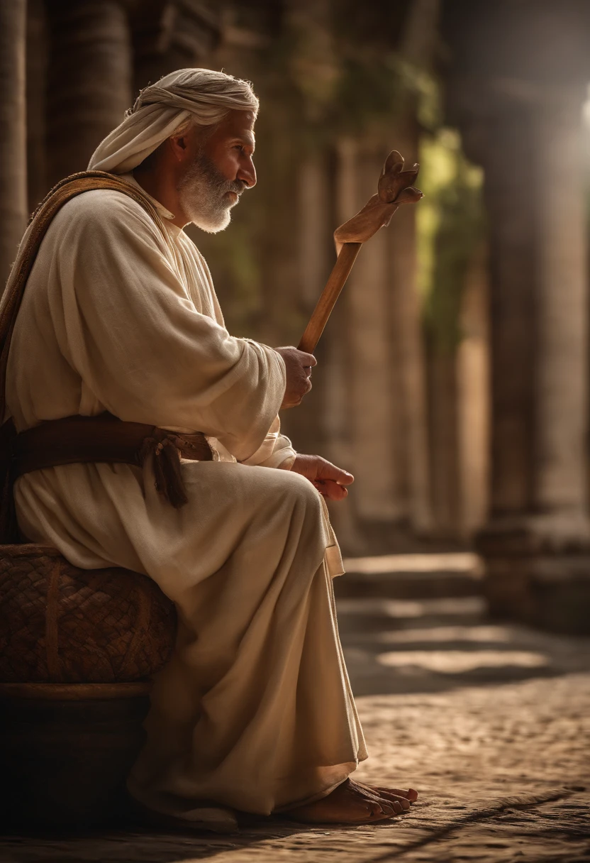(Biblical times) On the left is jeremiah (personagem biblico) Povos judeus,Holding a roller in your hand, tem a aparencia sofrida, His gaze is charged with hope, is looking to the right of the image, profundidade de campos, Bokeh, Realismo de Hentail, fotorrealista, Realismo ultrarrealista, Fotografado profissional, 8k UHD , Digital SLR, HDR , Primary tablet, melhor qualidade, filme granular, Pinturas fotorrealistas, Fujifilm XT3