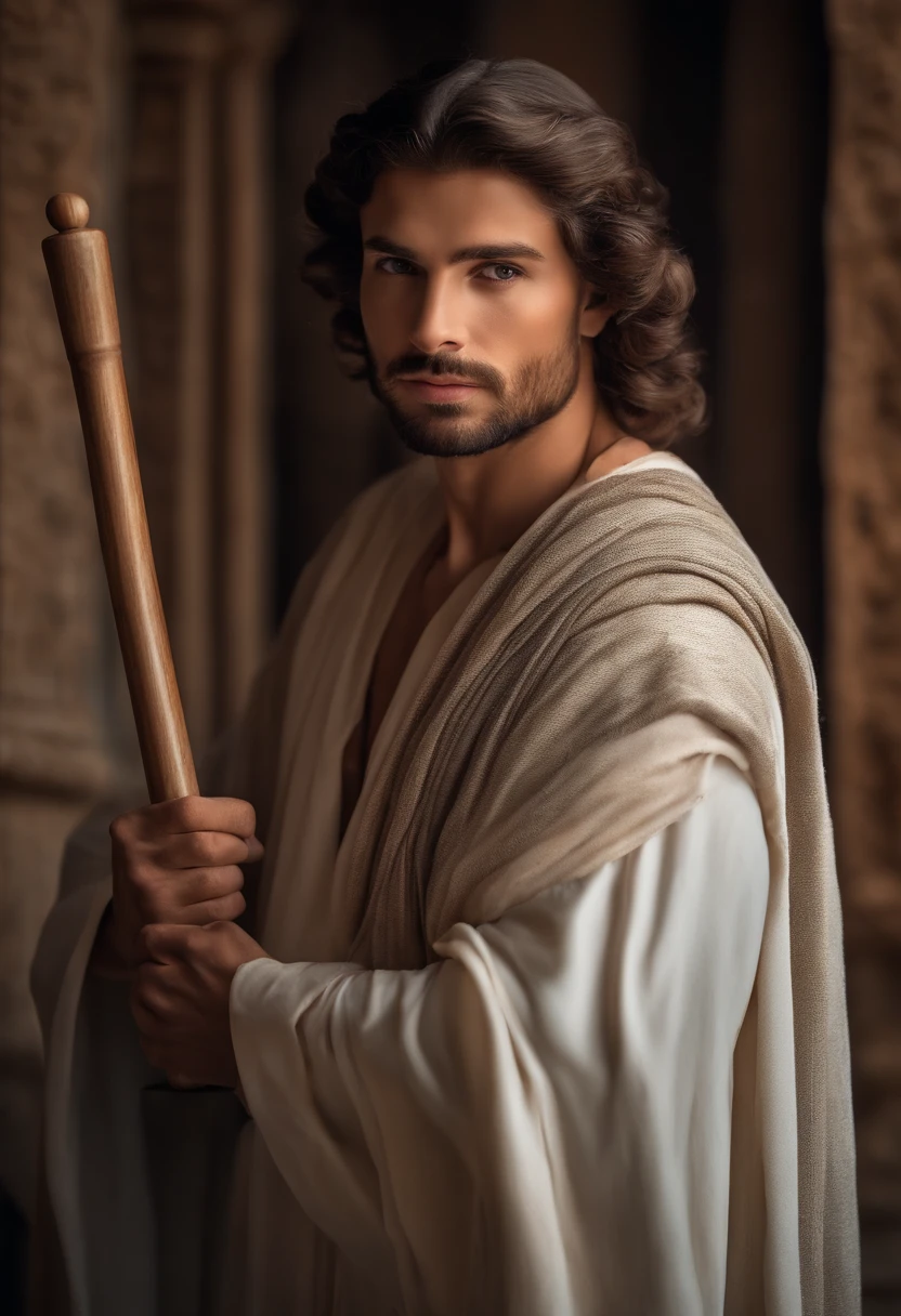 (Biblical times) On the left is jeremiah (personagem biblico) Povos judeus,Holding a roller in your hand, tem a aparencia sofrida, His gaze is charged with hope, is looking to the right of the image, profundidade de campos, Bokeh, Realismo de Hentail, fotorrealista, Realismo ultrarrealista, Fotografado profissional, 8k UHD , Digital SLR, HDR , Primary tablet, melhor qualidade, filme granular, Pinturas fotorrealistas, Fujifilm XT3