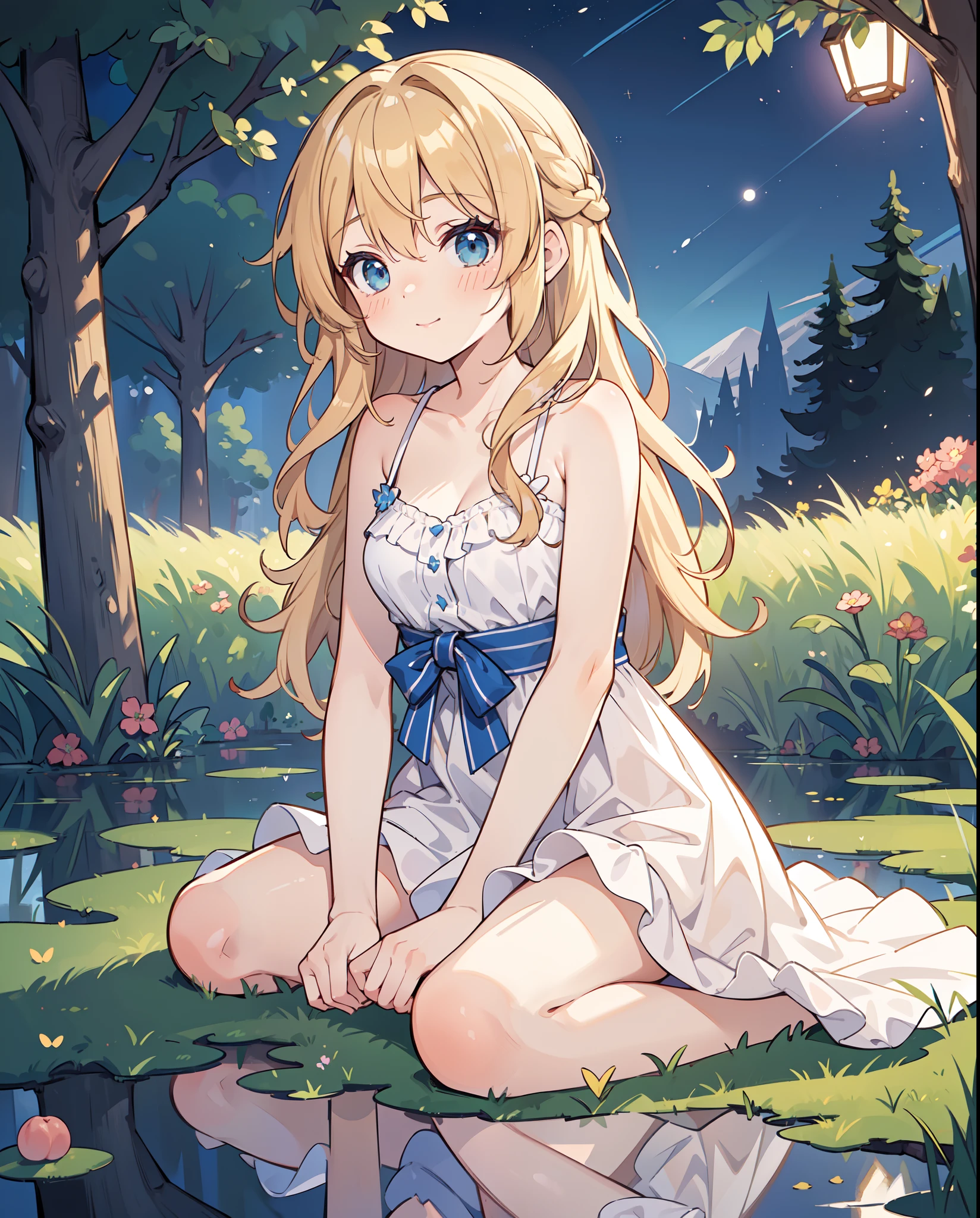 (masterpiece fairytale impressionism, best quality, night:1.3), Environmental portrait, a cute turkish girl, peach skin, lanky, small breasts, amused, wavy hair, ash blonde, elastic hair band, bronzer, wetland background, tundra, In-depth, trending on Pixiv, nsfw