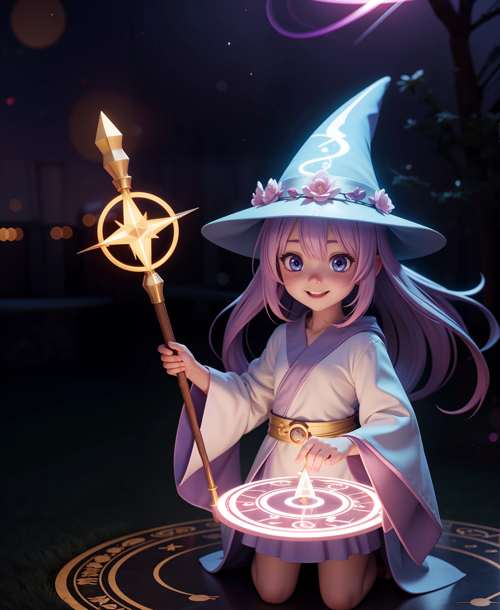 anime, cute girl, solo, wizard hat, robe, holding ancient staff, happy, magic circle, midnight, bloom, ambient occlusion, glowing lights, light particles, bokeh