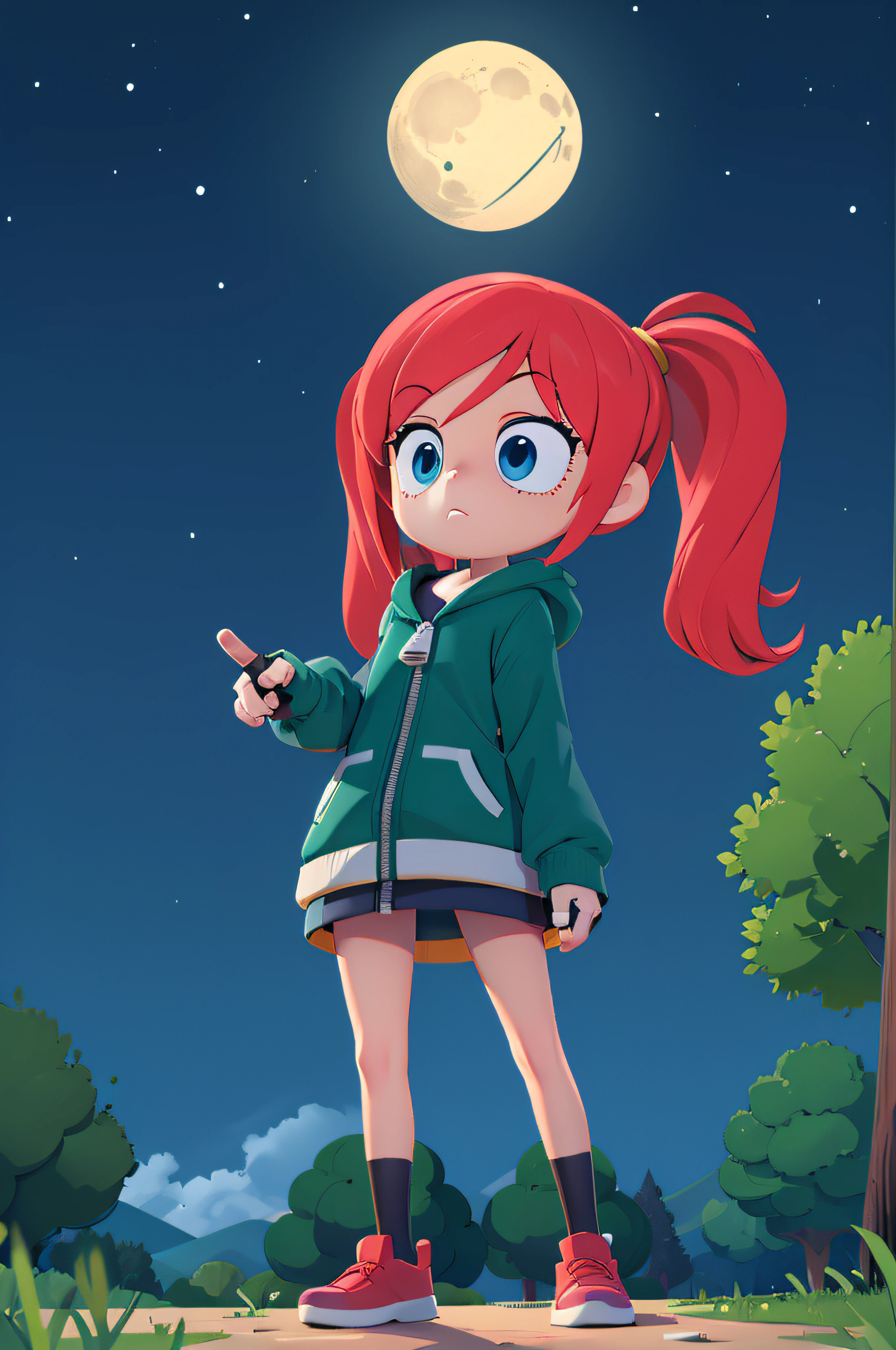 detailed background, superb, 1girl, flustered, concentration, casting spell, solo, blue eyes, gloves, twintails, red hair, outdoors, sky, day, green hood, fingerless gloves, tree, pointing, zipper, darkness, vibrant colors, dark background, highly detailed face, beautiful 8k wallpaper, extremely detailed, intricate, cute BREAK (night sky, cloud:1.1), crescent moon, (starry sky, tree, forest, nature:1.1), mid shot, full body