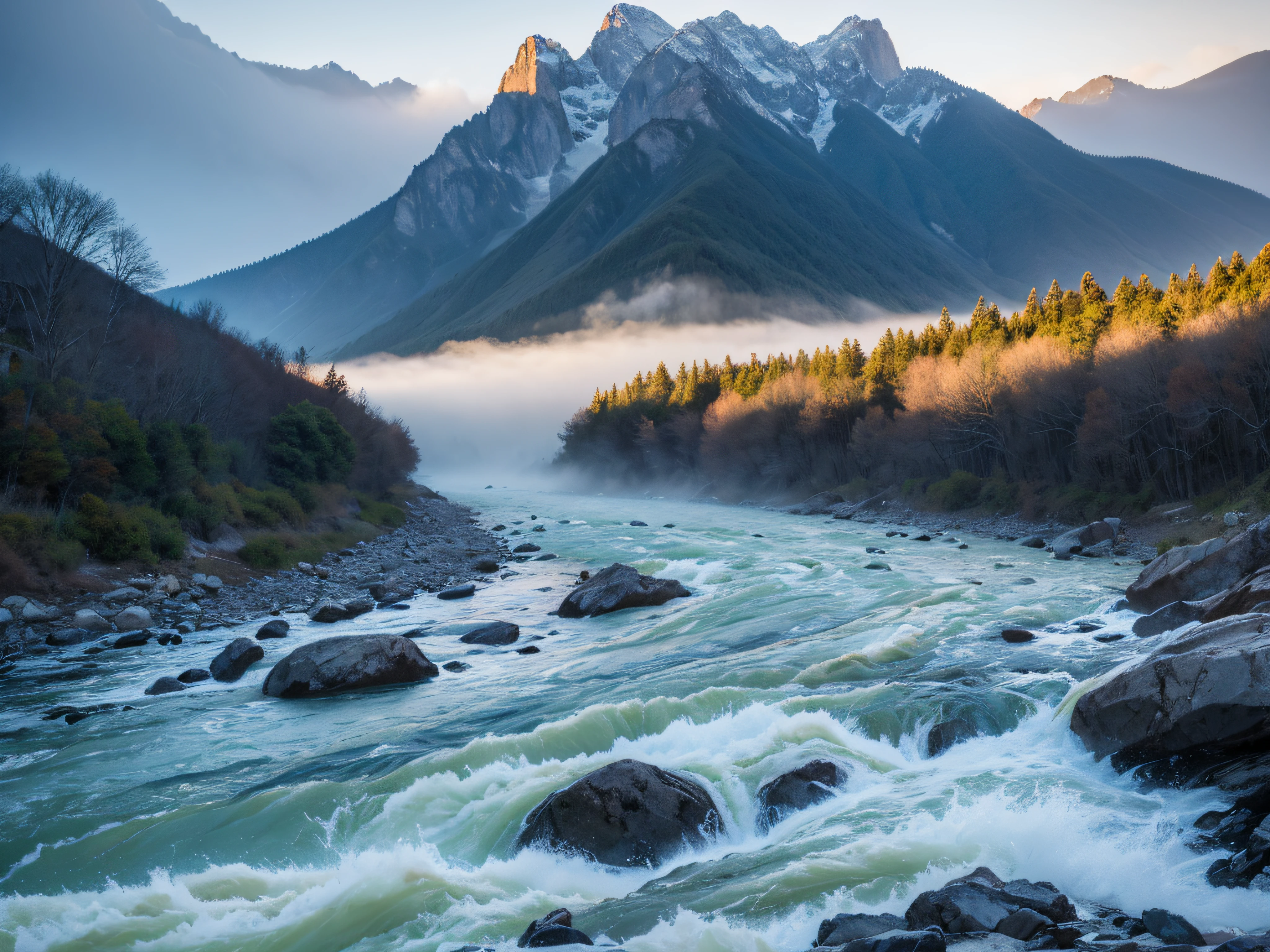 (Best quality, A high resolution:1.2), Colorful, Towering panoramic mountains, The majestic mountains are shrouded in mist, Roaring rivers with raging waves, Meandering river, Breathtaking natural scenery, Surreal