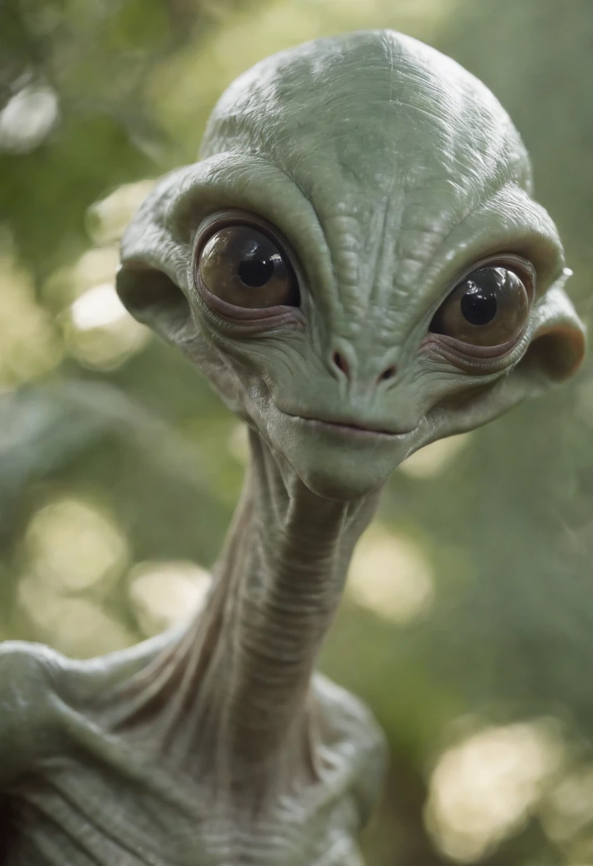 A hyper-realistic 4k alien, waving with large expressive eyes, highly detailed, cinematic lighting, volumetric fog, dramatic composition, photorealistic, intricate details, vibrant colors, seamless blending, masterpiece