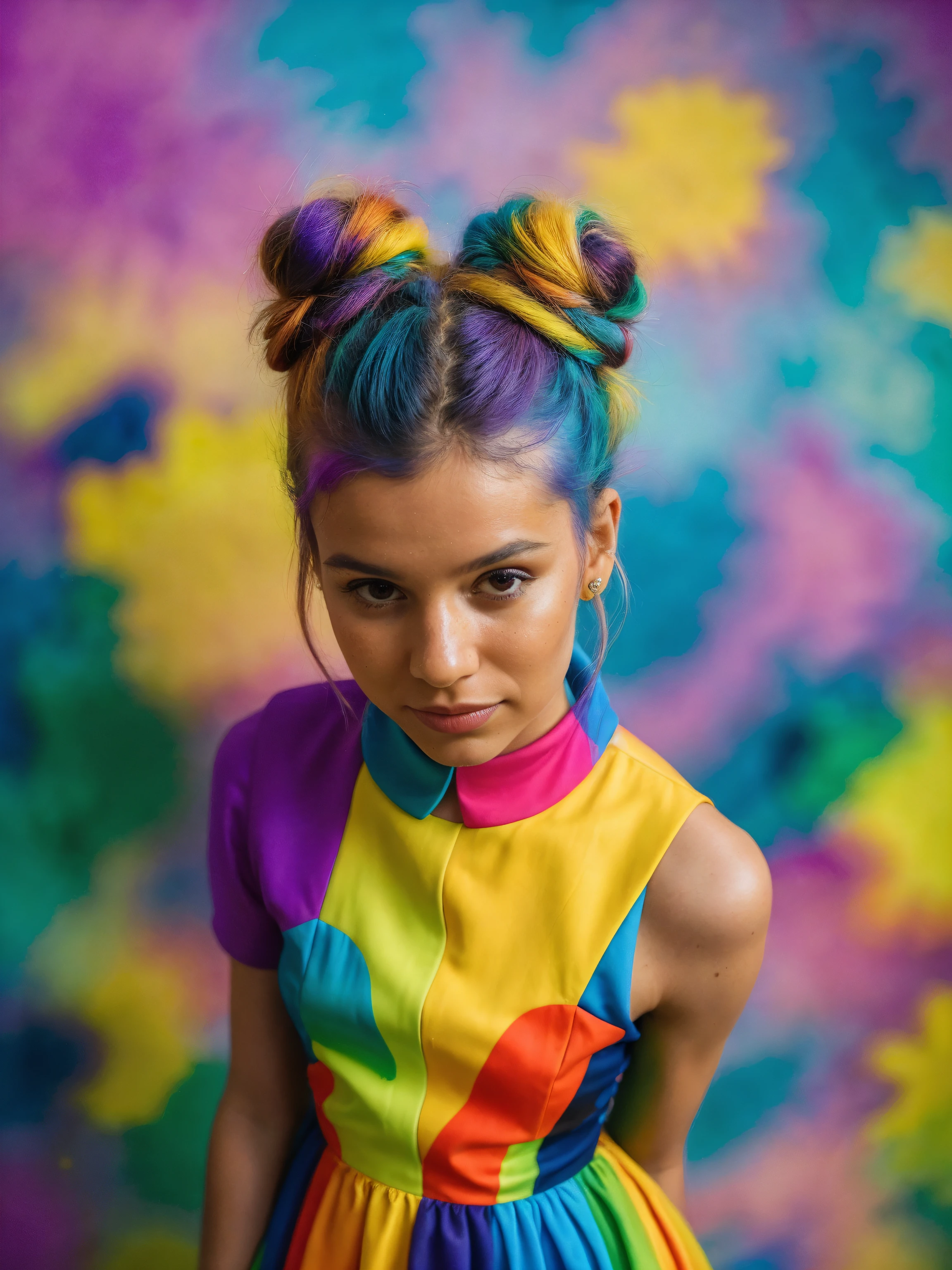 (abstract:1.5) photo of a woman, with (colorful:1.4) Space Buns hair, wearing formal wear, full body, high key, from above, shot on Sony A7111, no filter, in the style of Garry Winograd