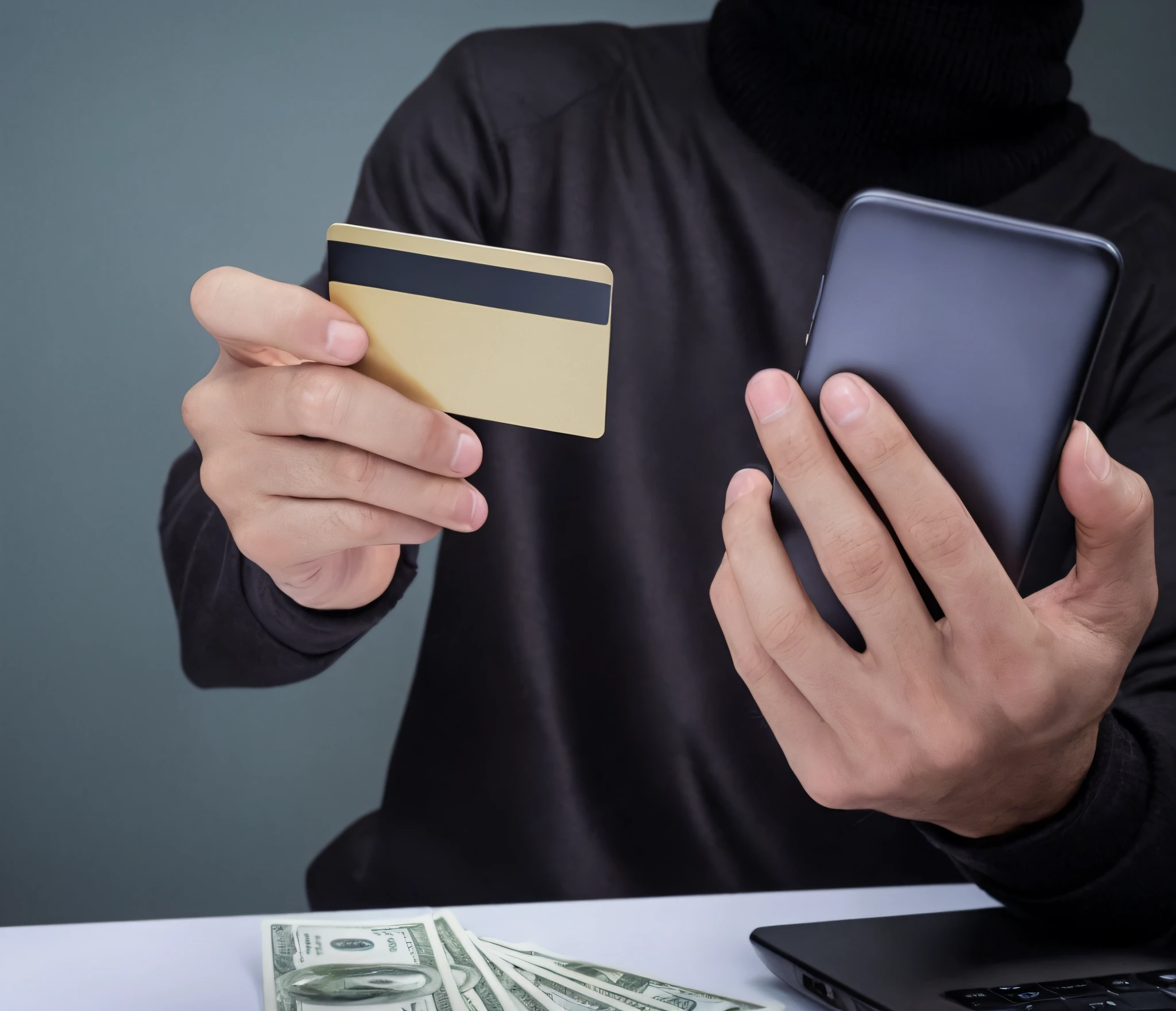 arafed man in a black turtleneck holding a credit card and a cell phone, scamming, he is holding a smartphone, detailed image, on a dark background, caught, high quality picture, looking at his phone, highly stylized, high quality image, detailed picture, phone in hand, accurate depiction, amazingly composed image, holding a very advance phone