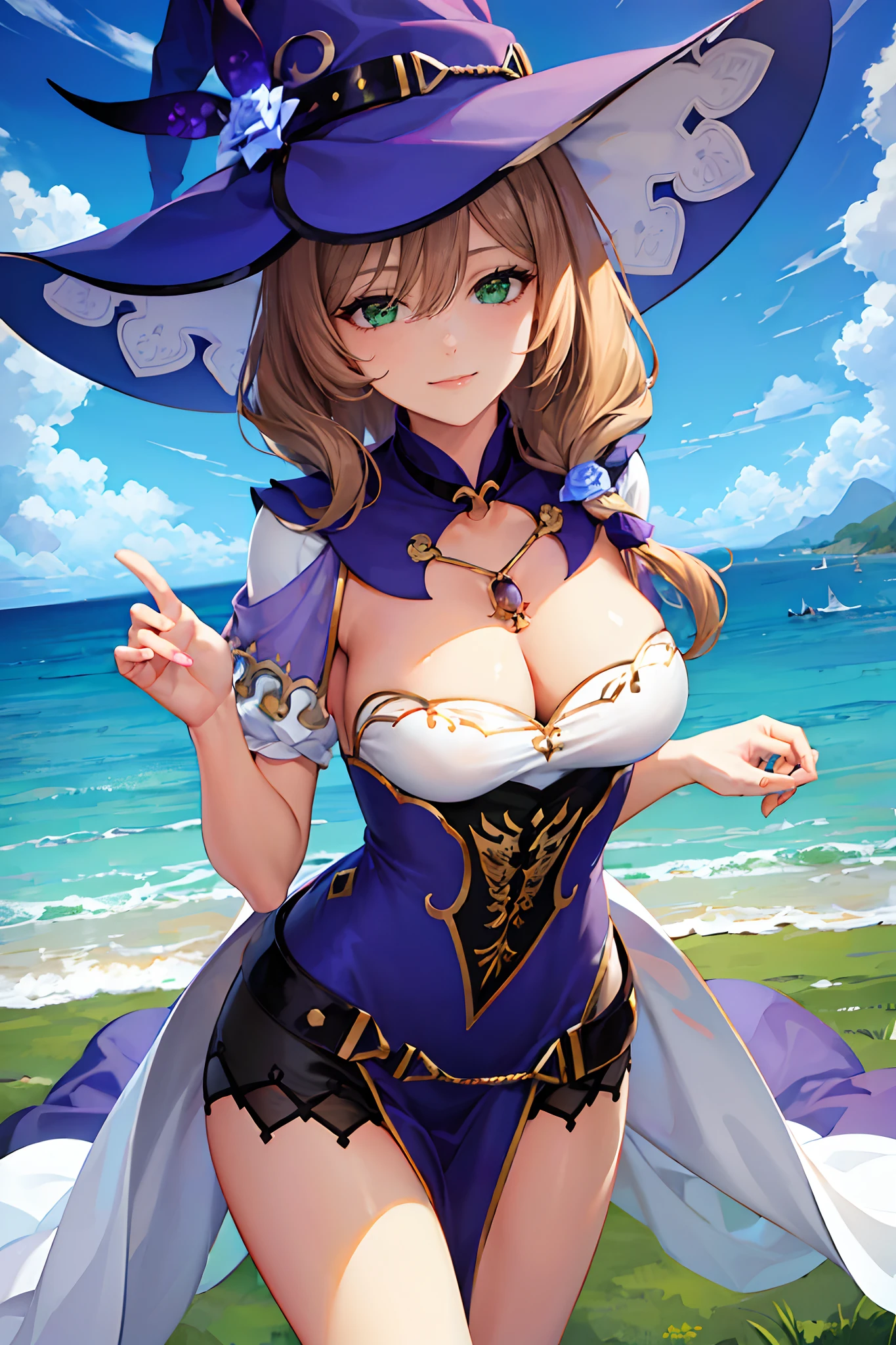 Lisa minci, standing, looking at viewer, smiling, medium breasts, view of body from knees to above head, ((outfit)), tipping her witch hat, green eyes, slim figure