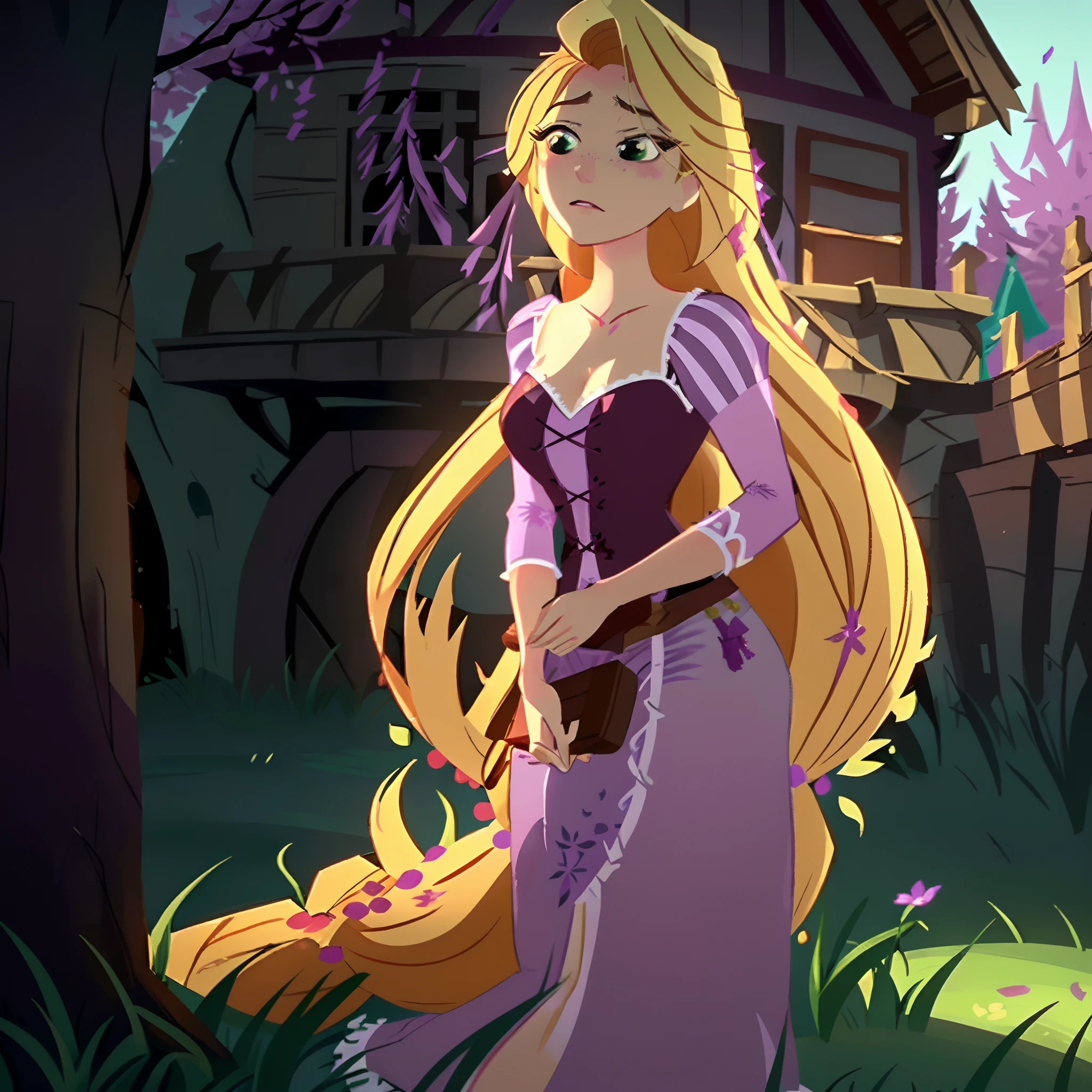 Rapunzel was robbed and beaten outside of a forest cabinet, and had endured hours of pain, beatings, slashes, gun shots, and blows. Now she just stares out at the sunset, green eyes barely open, and unable to pick herself up or breath easily hoping for someone to save her. (Rapunzel, big breasts: 1.9), (loose_hair: 2.2), (tattered, ripped, shredded purple lace dress: 1.5), (dishelved long blond hair: 1.4), Rapunzel knocked out on a porch: 1.9), (Rapunzel scarred, bruised, and exhausted: 1.9), (Green eyes shut: 1), (Rapunzel has a miserable and painful facial expression: 1.8), (Rapunzel stuck on her back and her head looking to the right: 1.9), (detailed Rapunzel character: 1.2), (close up view: 1.9), (brutal environment: 1.0), (pieces of the dress torn off: 1.3)