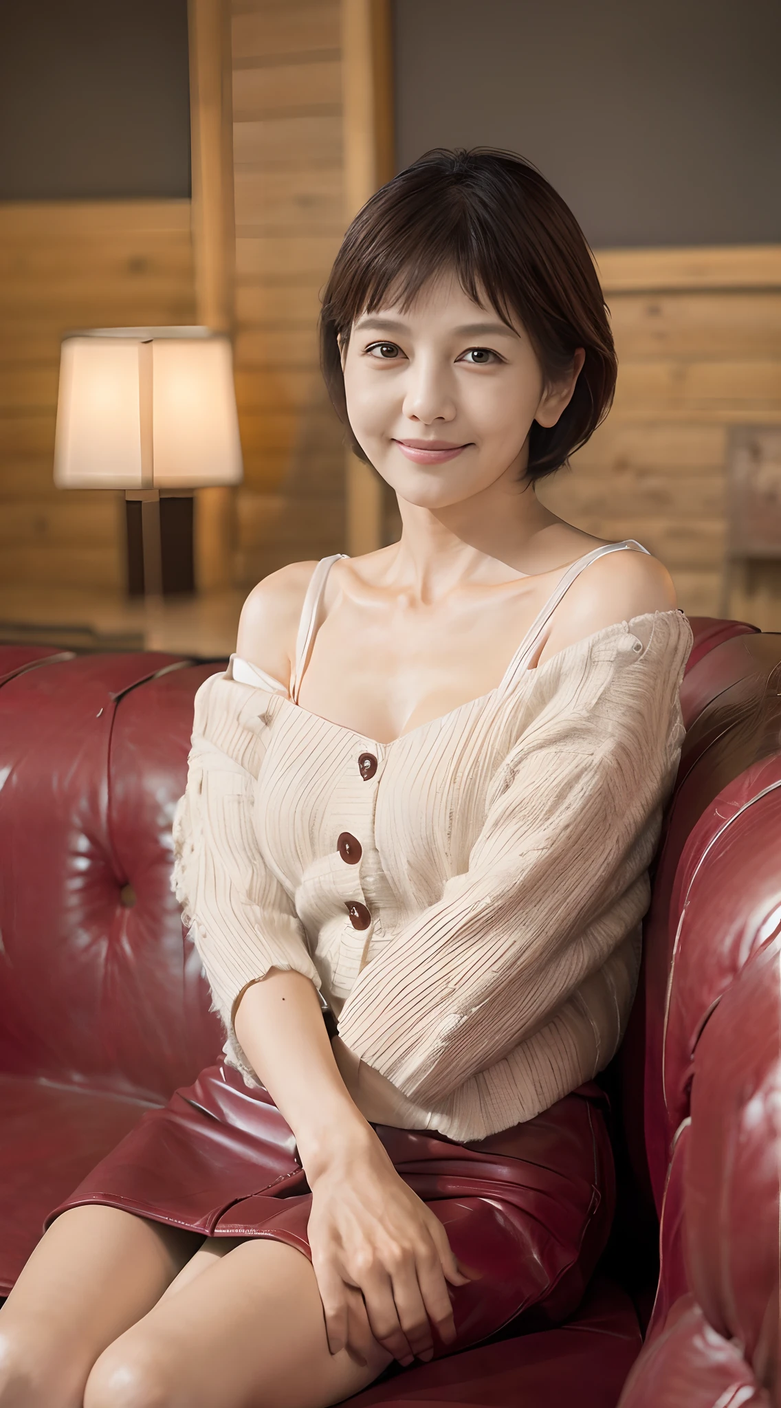 (japanes),(57 years old), (Slender woman), (small tits),Slim waist,(Mature Woman),(with nasolabial fold),Wrinkles in the eyes,Smiling,Shorthair,Brown hair,(She lies vertically on a cozy wide sofa in a mountain hut), (She has small breasts), , (small head), (((She doesn't wear a white belly))), (The navel is visible), ((Red Leather Mini Skirt)), (Photorealistic), (Ray tracing), (Cinema Lighting), (Sharp Focus), 鎖骨, (Detailed face), natural and realistic skin textures, Soft face, (Open legs), (Spread legs), (((Cameltoe))),((perfect anatomia:1.4))
