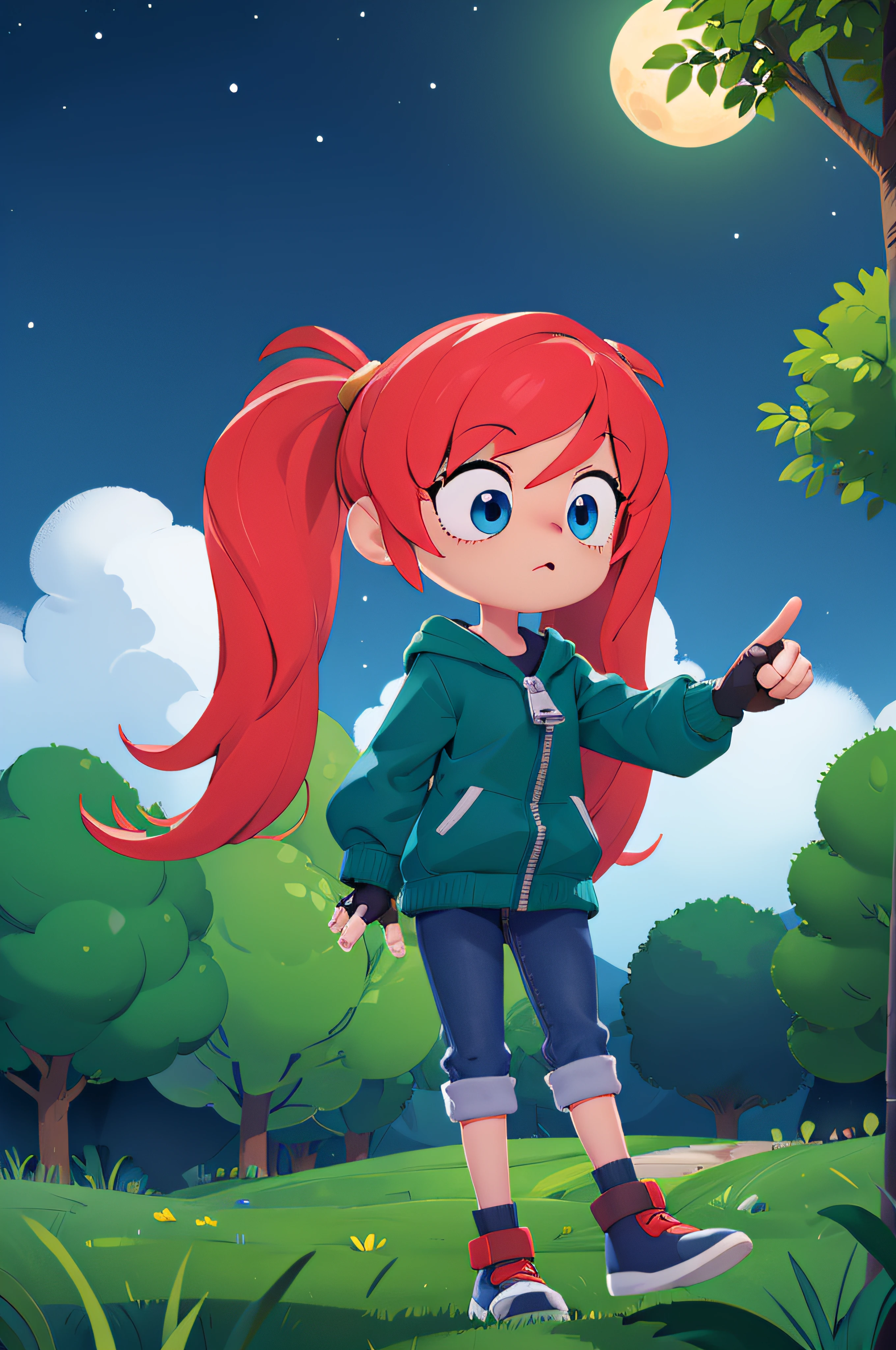 detailed background, superb, 1girl, flustered, concentration, casting spell, solo, blue eyes, gloves, twintails, red hair, outdoors, sky, day, green hood, fingerless gloves, tree, pointing, zipper, darkness, vibrant colors, dark background, highly detailed face, beautiful 8k wallpaper, extremely detailed, intricate, cute BREAK (night sky, cloud:1.1), crescent moon, (starry sky, tree, forest, nature:1.1), mid shot, full body