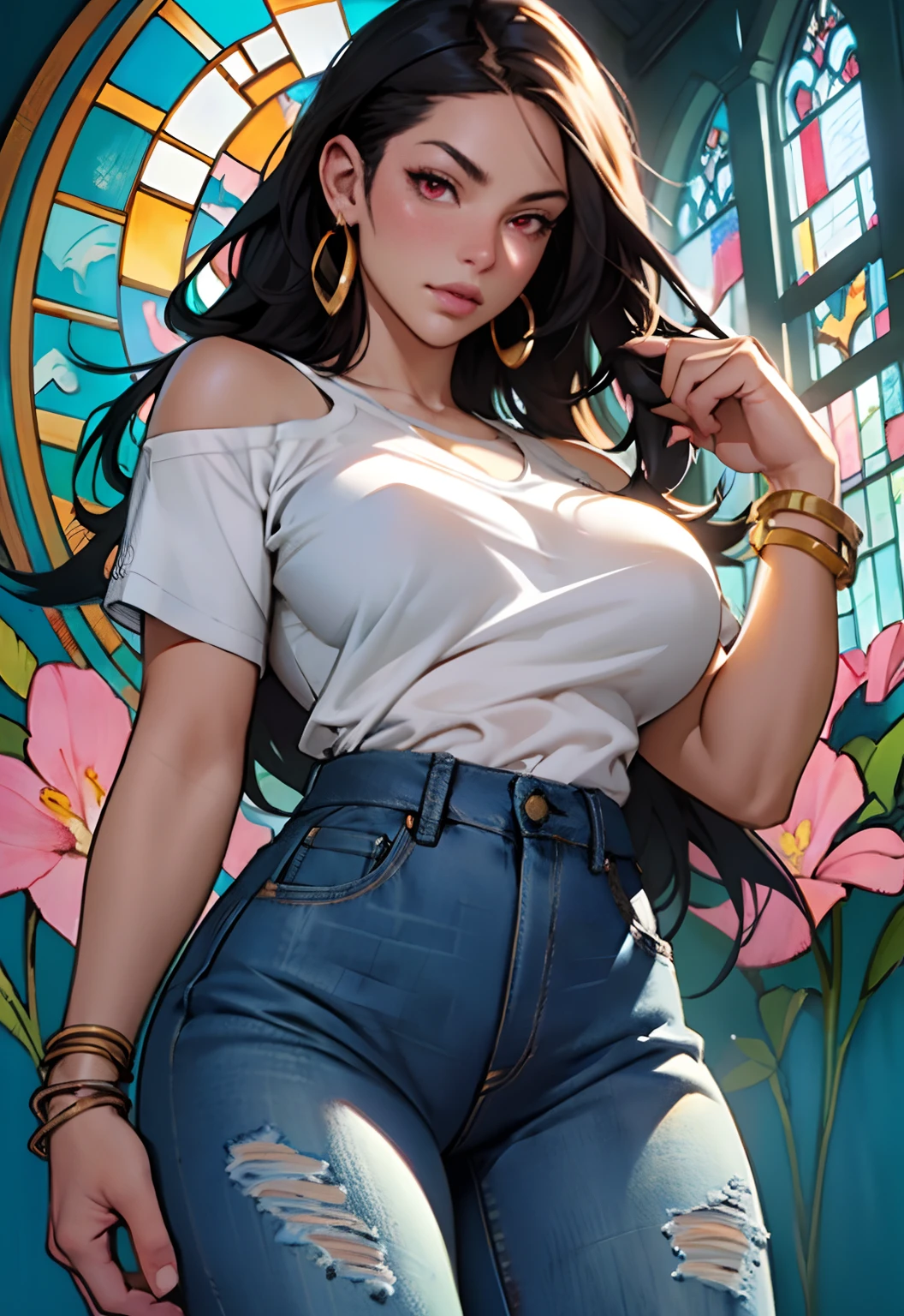 style ::2.0 comix illustration style,tatoon style , comic book style ,ashley alexiss argentina ,beautiful woman with long hair ultra detailed, (beautiful and clear background:1.2),, fantastic paintings ,graffit style, flowers, olhos altamente detalhados , a white t-shirt or dressed in a jaeans jacket and white blouse underneath, with both fists in a fighting position, and bracelets, fighting against an enemy, with long black hair , stained glass colored, tongue slightly out, vibrant, alphonse mucha style, fantastic paintings by joe madureira ,high quality, --ar 3:4 --upbeta --test --creative --upbeta --upbeta --upbeta --upbeta, masterpiece, best quality, high quality, extremely detailed cg unity 8k wallpaper, scenery, award winning photography, hdr, extremely detailed, trending on artstation, trending on cgsociety, intricate, high detail, art by midjourney style::STYLE JKenneth Rocafort ::2.9 (masterpiece:1.2, best quality), (finely detailed beautiful eyes: 1.2), ((1girl Kelly Brook very beautiful woman BIG BREAST )), ((solo)), (red eyes:1.4), (finely detailed eyes and detailed face:1.3),), (with jeans and a white t-shirt or dress:1.3), (beautiful and clear background:1.2), (extremely detailed CG, ultra-detailed, best shadow:1.1), ((depth of field)), ((watercolor)), large breasts, bare shoulders, flowers and petals, beautiful concept illustration , (white background:0.5), (illustration :1.1), (extremely fine and beautiful:1.1), (perfect details:1.1)