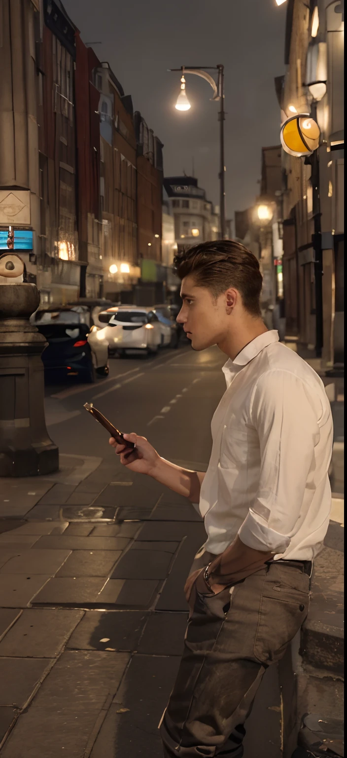 A handsome boy, outstanding pose,face same to same just face some smooth properly , boy Rich Shirt,rich pant, background London design, realistic picture, high quality, Lovely place,hd,v4,high details, in front have vip lamppost,designs hair cute,day