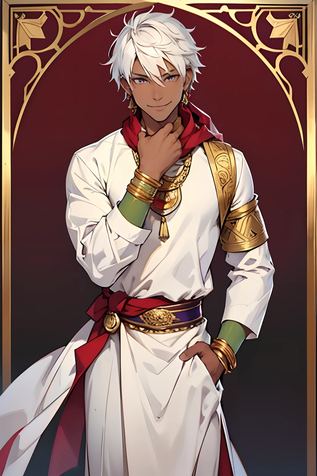 (Masterpiece)),(((best quality))),(Character Design Sheet,Same Character,Front,Side,Back), 1Boy, only, short white hair, purple eyes, black skin, brown skin, dark-skinned, soft trusting smile, kind smile, Masterpiece, best quality, tall, detailed, smiling, ornate Egyptian priest outfit, open white top, red scarf, gold bangles, (background, Arabian palace gardens.), detailed face, waist up