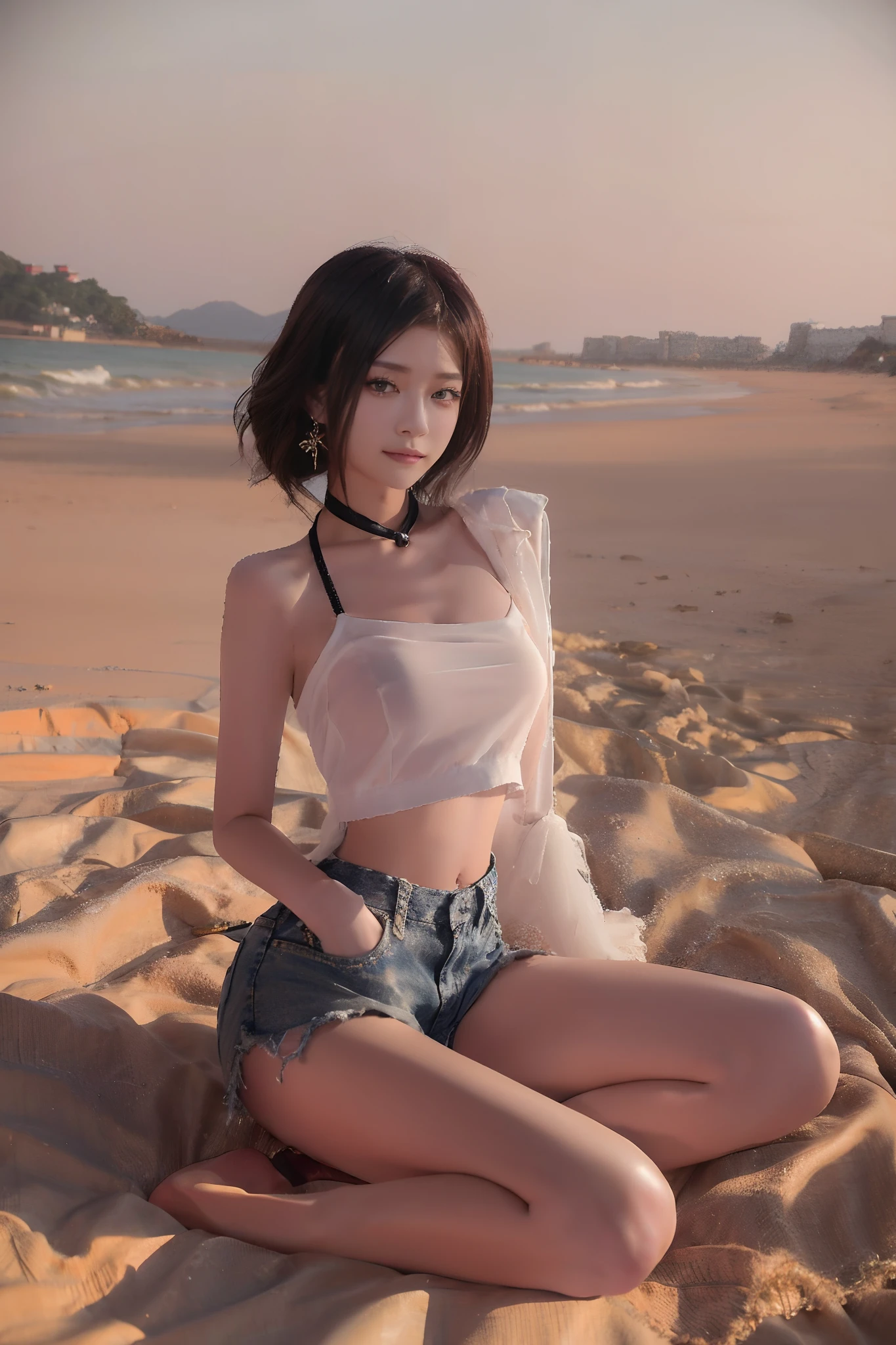 1girll, anime big breast_Coloring, black_Eyes, black_mitts, brown_Hair, choker necklace, Earrings, mitts, jewelry, letterboxed, mimic, short_Hair, Smile, Solo, Style_mimic,  Aravi asian woman in denim bra top and denim shorts, Sexy girl, Gorgeous young Korean woman, Korean girl, 2 4 year old female model, gorgeous chinese models, photo of slim girl model, beautiful Korean women, Beautiful young Korean woman, photo of slim girl, Japanese model, Sexy look, Sexy body, Beautiful Asian girl, Sexy style, Korean Woman stands on the beach, Wear two-piece clothes, queen of the sea mu yanling, xintong chen, wenfei ye, gorgeous chinese models,, full-body xianxia, Attire:gorgeous chinese models, relaxing at the beach, full-body xianxia, Chen Xintong exposed her abdomen，Abs，Huge bust，Fine face，Elaborate Eyes，sitting down，standing on your feet，Lie down，sexyposture，Spread your legs apart，raised head，Look up，kneeling down