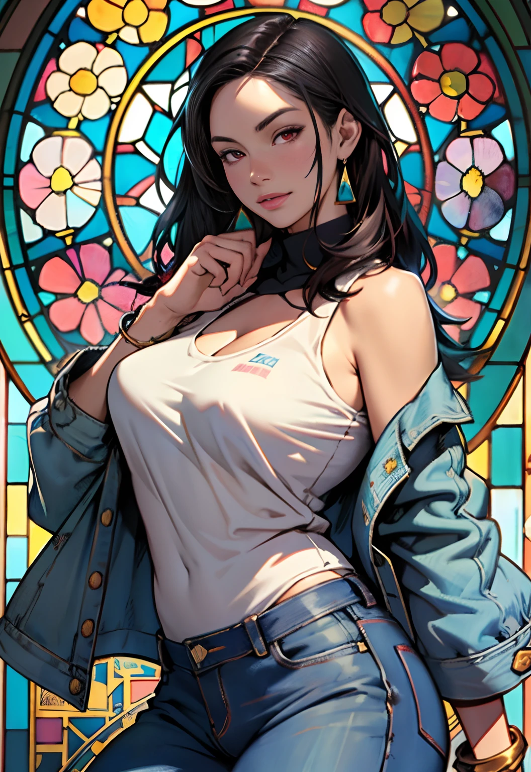 Style: : 2.0 comix illustration style, tatoon style, comic book style, ashley alexiss argentina, beautiful woman with ultra detailed long hair, (beautiful and clear background: 1.2), fantastic paintings, graffiti style, flowers, highly detailed eyes, a white t-shirt or dress with a jaeans jacket and white blouse underneath, with both cuffs in fighting position, and bracelets, fighting an enemy, with long black hair, stained glass windows, tongue slightly out, vibrant, alphonse mucha style, fantastic paintings by Joe Madureira, high quality, --air 3:4 --upbeta --test --creative --upbeta --upbeta --upbeta --upbeta, masterpiece, best quality, high quality, extremely detailed CG unity 8K wallpaper, scenery, award-winning photography, HDR, extremely detailed, trend in artstation, trend in cgsociety, intricate, high detail, art by midjourney style::STYLE JKenneth Rocafort ::2.9 (masterpiece:1.2, best quality), (finely detailed beautiful eyes: 1.2), ((1girl Kelly Brook very beautiful woman big chest )), ((solo)), (red eyes:1.4), (finely detailed eyes and detailed face:1.3),), (with jeans and a white t-shirt or dress:1.3), (beautiful and clear background:1.2), (CG extremely detailed, ultra-detailed, best shadow:1.1), ((depth of field)), ((watercolor)), large breasts, bare shoulders, flowers and petals, beautiful conceptual illustration, (white background:0.5), (illustration:1.1), (extremely thin and beautiful:1.1), (perfect details:1.1)