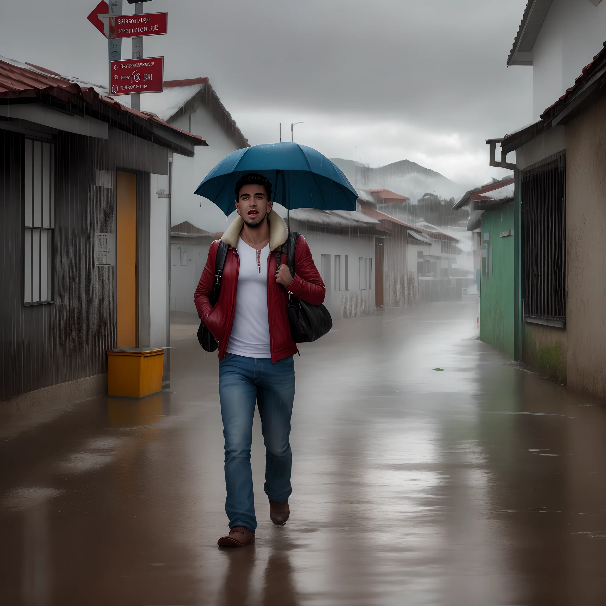 Montanha com chuva e um homem sentado