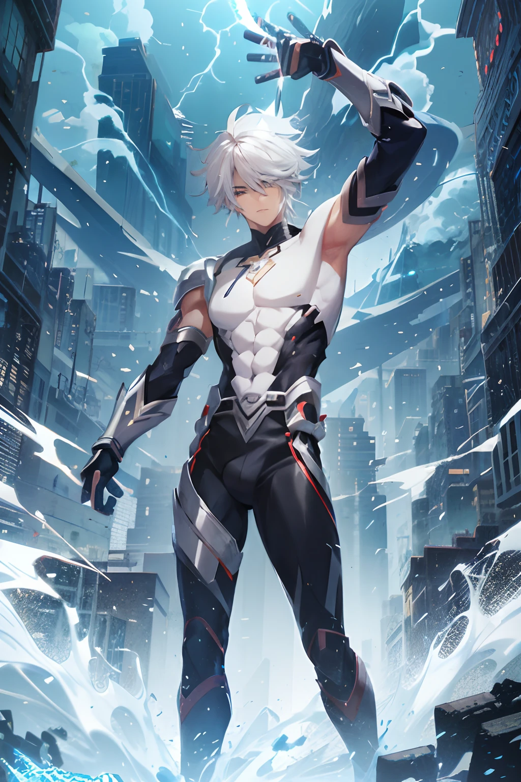 anime character with white hair and black body standing in a city, best anime 4k konachan wallpaper, badass anime 8 k, an epic anime of a energy man, tall anime guy with blue eyes, male anime character, 4k anime wallpaper, 4 k manga wallpaper, anime art wallpaper 4k, anime art wallpaper 4 k, anime style 4 k