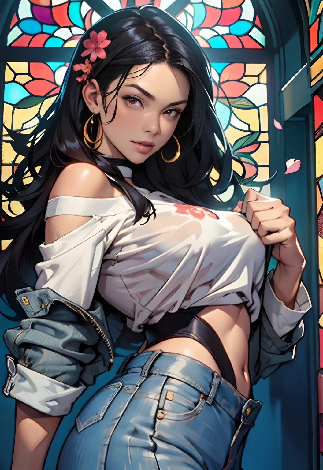 Style: : 2.0 comix illustration style, tatoon style, comic book style, ashley alexiss argentina, beautiful woman with ultra detailed long hair, (beautiful and clear background: 1.2), fantastic paintings, graffiti style, flowers, highly detailed eyes, a white t-shirt or dress with a jaeans jacket and white blouse underneath, with both cuffs in fighting position, and bracelets, fighting an enemy, with long black hair, stained glass windows, tongue slightly out, vibrant, alphonse mucha style, fantastic paintings by Joe Madureira, high quality, --air 3:4 --upbeta --test --creative --upbeta --upbeta --upbeta --upbeta, masterpiece, best quality, high quality, extremely detailed CG unity 8K wallpaper, scenery, award-winning photography, HDR, extremely detailed, trend in artstation, trend in cgsociety, intricate, high detail, art by midjourney style::STYLE JKenneth Rocafort ::2.9 (masterpiece:1.2, best quality), (finely detailed beautiful eyes: 1.2), ((1girl Kelly Brook very beautiful woman big chest )), ((solo)), (red eyes:1.4), (finely detailed eyes and detailed face:1.3),), (with jeans and a white t-shirt or dress:1.3), (beautiful and clear background:1.2), (CG extremely detailed, ultra-detailed, best shadow:1.1), ((depth of field)), ((watercolor)), large breasts, bare shoulders, flowers and petals, beautiful conceptual illustration, (white background:0.5), (illustration:1.1), (extremely thin and beautiful:1.1), (perfect details:1.1)