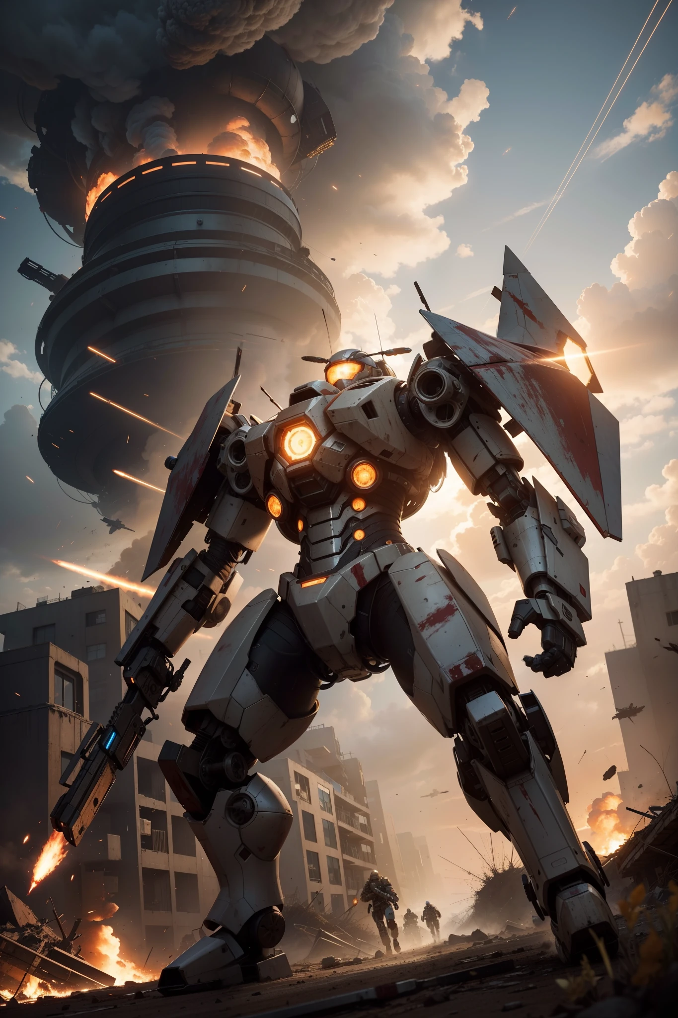 Look up at the perspective,(Digital artwork:1.3)(a sketch:1.1)Octane renders a wasteland,Swirling thick clouds,smog,Flying machines in the sky fierce battle,weed,Dilapidated houses,gravel path,Sunset,dark red color,((A girl in a combat uniform stood in front of the badly damaged and broken mech)),((The girl's long messy hair fluttered,Blood,closeup cleavage)),(Stubborn),(Steadfast),(blood stains at the corners of the mouth),(Messy long hair flying),(((The mech was spattered with blood))),(Mars splashes),((Broken upper body mech,Dropped mech fragments)),(Exposed wires),((Mecha is depicted finely)),(((super-fine))),shot at 8k resolution,petrol liquid,Firelight,Missiles streaked across the sky,weeds,gravel path,blasts,splashart,((Dynamic speed lines:1.2)),Lithography in intricate details,dongh(Light particles:1.2),(game concept:1.3),(depth of fields:1.3),Global illumination,detail-rich,Trends on ArtStation,Epic shooting,Cinematic lighting