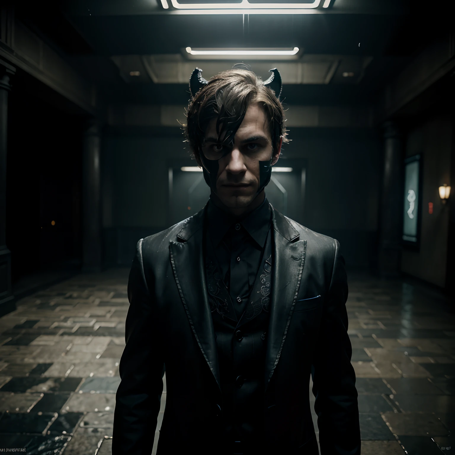Desmond Ridder as the Riddler,illustrated,gloomy,puzzles,greenery,detailed outfit,dramatic background,studio lighting,highres,realistic,colorful,sharp focus,Riddler's cane,breathtaking,Athletic build,threatening expression,arched eyebrows,mischievous smile,dark enigma,vivid colors,mysterious vibe,glowing neon lights,cityscape silhouette,nighttime darkness,ominous atmosphere,reflection on wet pavement,shadows and highlights,meticulously crafted,menacing eyes obscured by a mask,question mark motifs,impeccable suit,abstract background,meticulously placed riddles,puzzle-solving tension,enhanced perception,pensive mood,defiant posture,foreboding aura,unsettling charm,contrasting textures,twisted non-linear narrative,stunningly dynamic composition,striking visual impact.