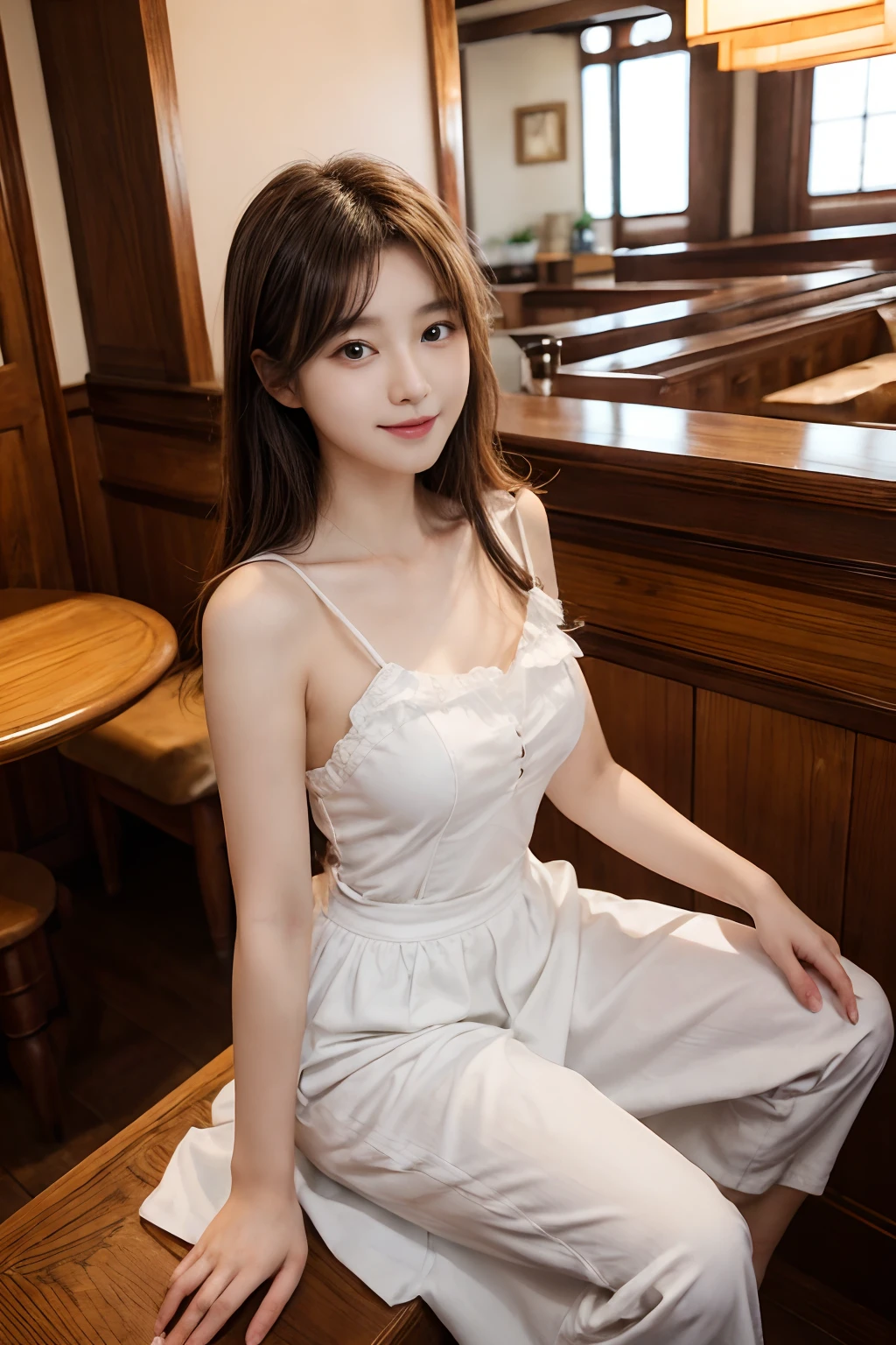 ​masterpiece、8K、32K、top-quality、A cute Japanese woman、detail portrayal、1 girl in、elegent、28 year old、(Kamimei:1.1)、maid clothes、waitresses、cafes、cowboy  shot、Angle from the top、ssmile
