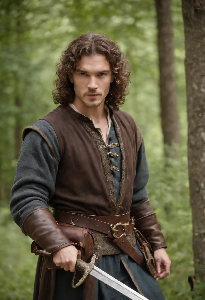 Human man, very attractive, in midevil clothing, holding a big sword, brown curly hair, nice expression, bag at his side, ready for travel, masterpiece