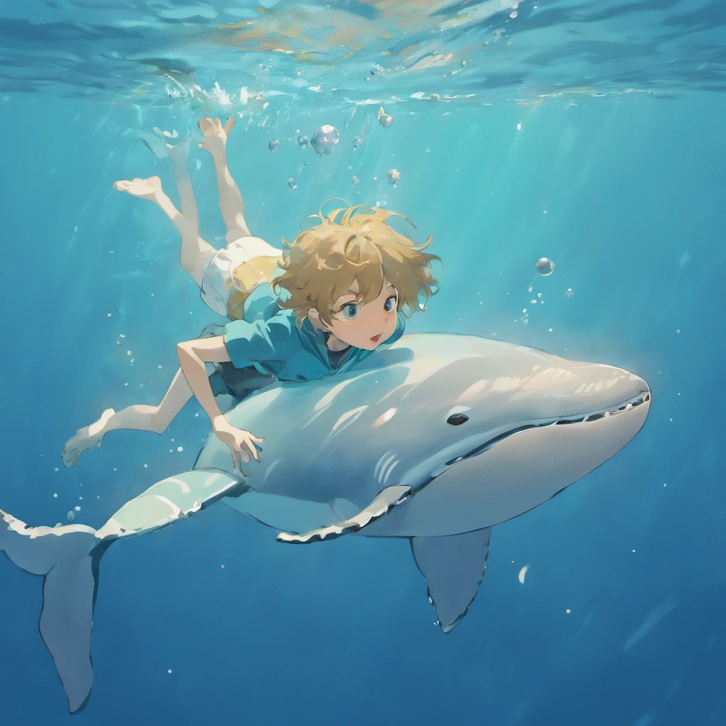 illustration:The boy in white swims with a whale on the bottom of the sea,The surrounding bubbles slowly rise,Sunlight shines obliquely into the water。