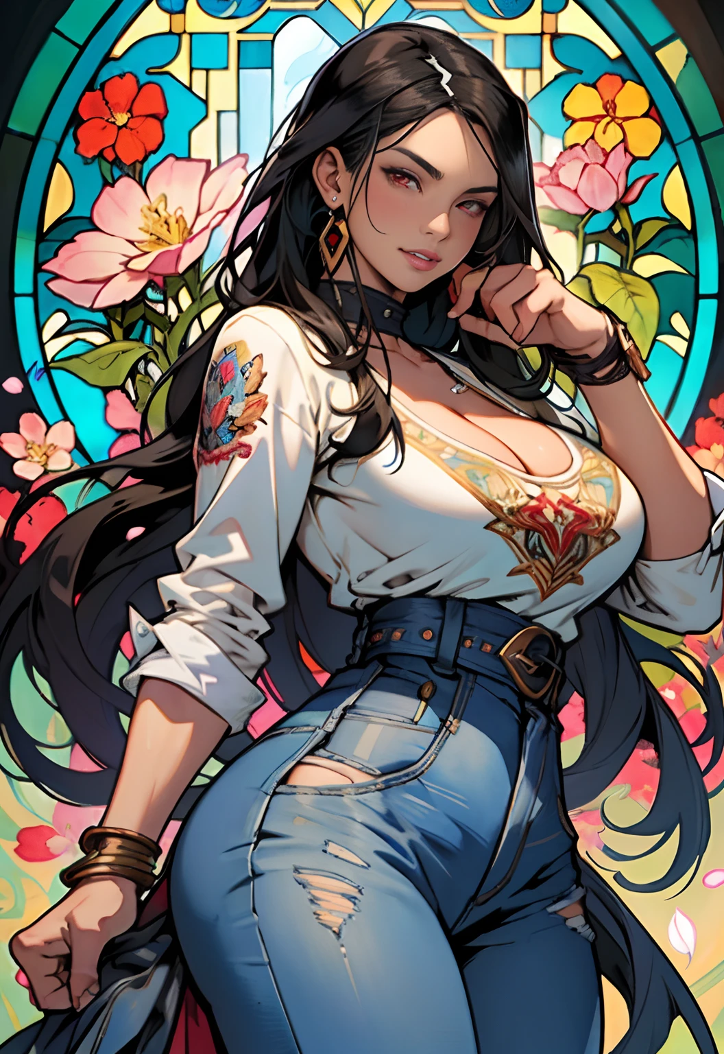 Style: : 2.0 comix illustration style, tatoon style, comic book style, ashley alexiss argentina, beautiful woman with ultra detailed long hair, (beautiful and clear background: 1.2), fantastic paintings, graffiti style, flowers, highly detailed eyes, a white t-shirt or dress with a jaeans jacket and white blouse underneath, with both cuffs in fighting position,  and bracelets, fighting an enemy, with long black hair, stained glass windows, tongue slightly out, vibrant, alphonse mucha style, fantastic paintings by Joe Madureira, high quality, --air 3:4 --upbeta --test --creative --upbeta --upbeta --upbeta --upbeta, masterpiece, best quality, high quality, extremely detailed CG unity 8K wallpaper, scenery, award-winning photography, HDR, extremely detailed, trend in artstation,  trend in cgsociety, intricate, high detail, art by midjourney style::STYLE JKenneth Rocafort ::2.9 (masterpiece:1.2, best quality), (finely detailed beautiful eyes: 1.2), ((1girl Kelly Brook very beautiful woman big chest )), ((solo)), (red eyes:1.4), (finely detailed eyes and detailed face:1.3),), (with jeans and a white t-shirt or dress:1.3), (beautiful and clear background:1.2),  (CG extremely detailed, ultra-detailed, best shadow:1.1), ((depth of field)), ((watercolor)), large breasts, bare shoulders, flowers and petals, beautiful conceptual illustration, (white background:0.5), (illustration:1.1), (extremely thin and beautiful:1.1), (perfect details:1.1)