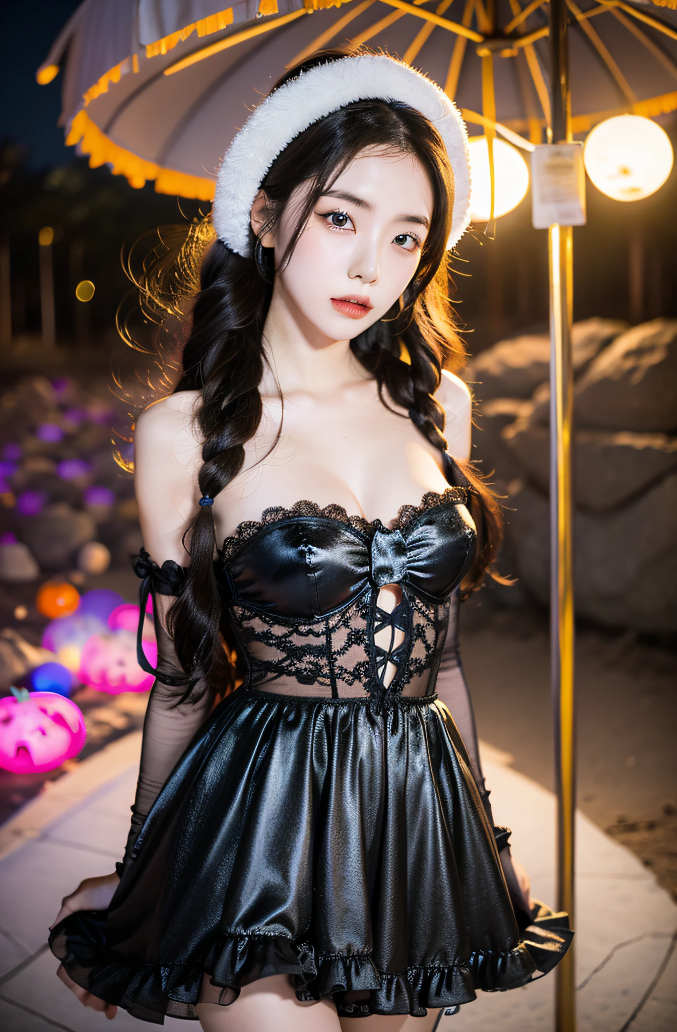 Morning Musume no Eri, Dressed in seductive Halloween costumes, Stand near unforgettable beauty, Abandoned merry-go-round. Background reveals ghostly silhouette, Add a spooky atmosphere. The scene is set at night, Moonlight gives Eli a soft glow, Highlight the intricate details of her beauty and outfit. Medium: Photography, Style: Ultra-realistic with a touch of gothic horror, Lighting: The surface of the moon illuminated by soft shadows, Colors: Dark, Soothing tones with pops of bright colors from Eli's outfit, Composition: captured with a Canon EOS 5D Mark IV DSLR camera, EF 50mm f/1.8 STM lens, Resolution 30.4 megapixels, ISO sensit: 32,000, Shutter speed 8000 second. --ar 16:9 - V5.1 --Style raw --Q 2 --S 750
