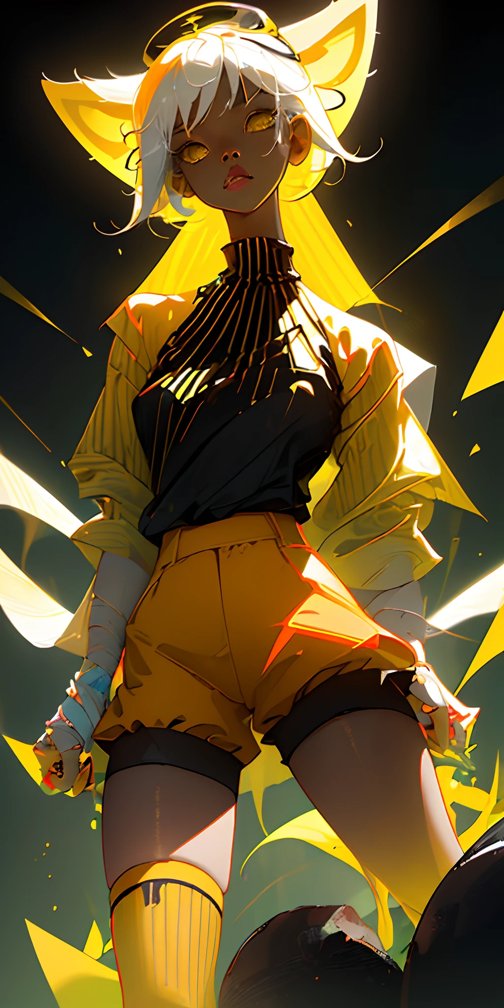 Yellow skin body, big thighs, black and orange striped shirt, black and orange striped high socks, tail, yellow and blue cat ears, short yellow hair, 1 person, protogen visor, (cone top of head), wearing a thong