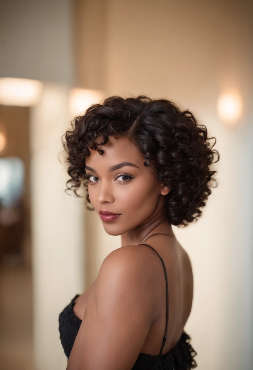 African-American girl about 30 years old 8 inches long curly hair, curly and short top hair, Short black curly hair, Short curly hair, curly bang, very short curly hair,  Messy curls, Curly Black Hair Natural black hair, in a casino in Las Vegas