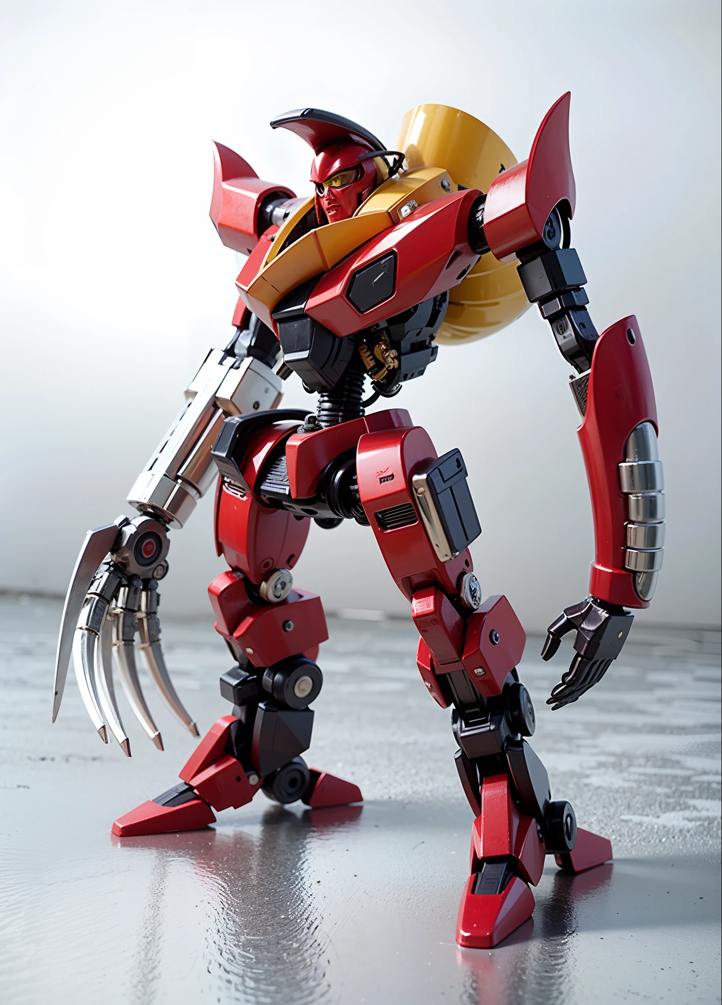 A large mecha robot, Head with red and brown metal parts, Chest with red metal parts, amarelas, cinzas e marrons, compartimento nas costas amarelo, Left arm with brown metal parts, vermelha e cinza, Right arm made of chrome-plated metal parts, Legs with red and brown metal parts