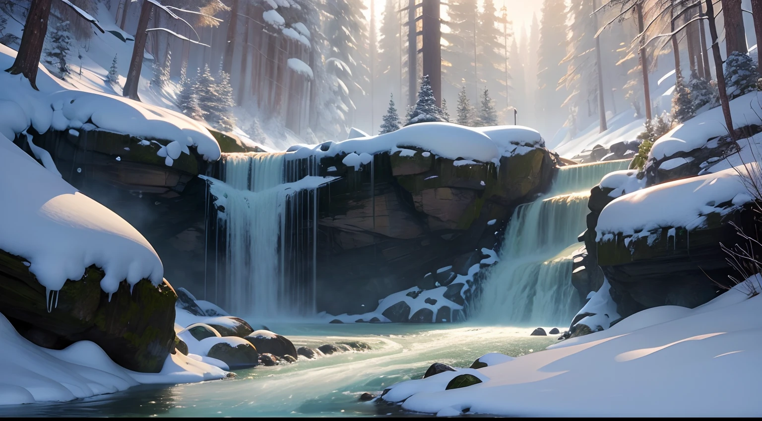 a hyper realistic winter forest ravine ((crisp highly detailed leaves)) with a rushing stream snaking through the center, a waterfall in the mid-ground
