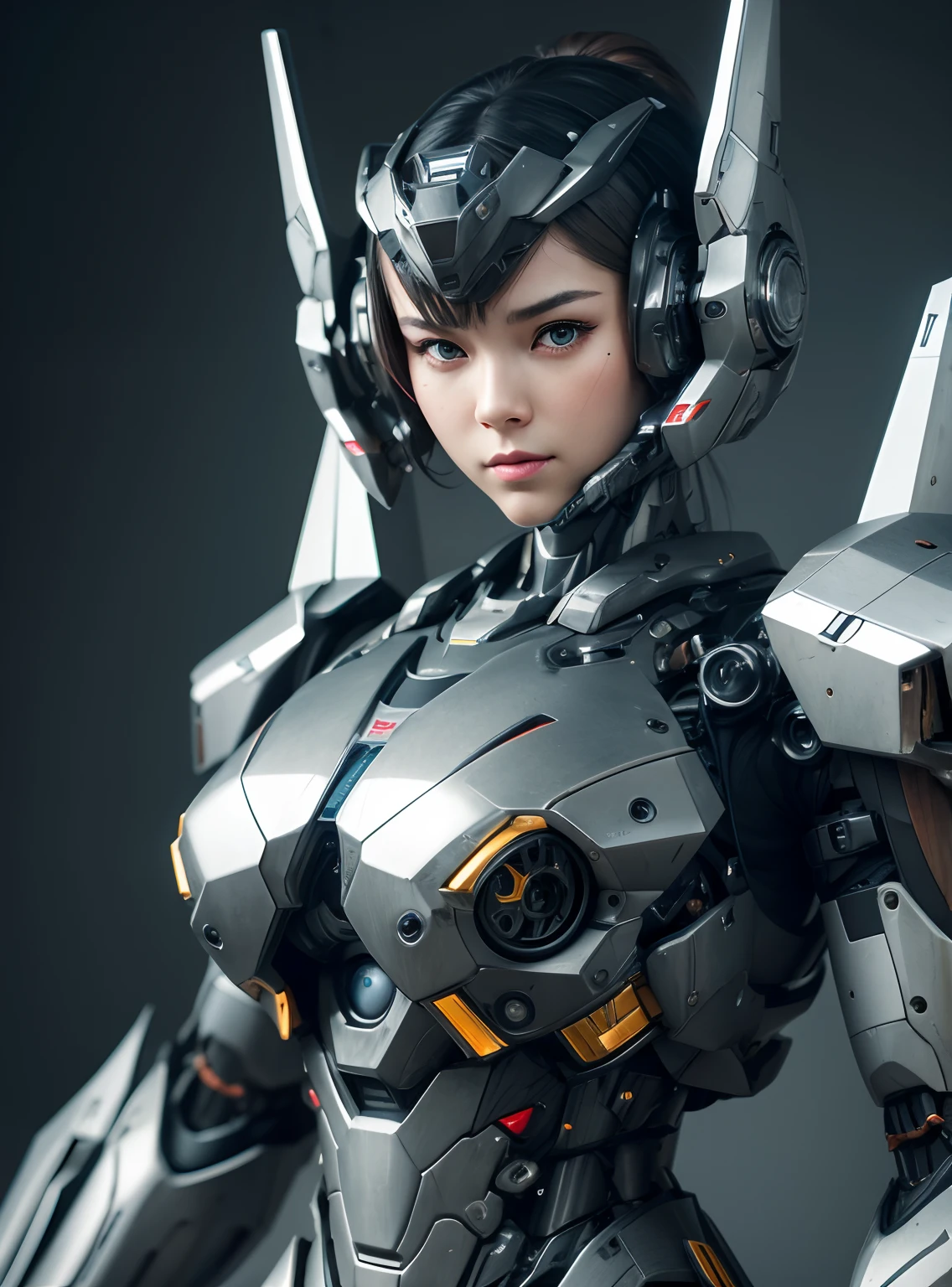 Textured skin, Super Detail, high details, High quality, Best Quality, hight resolution, 1080p, hard disk, Beautiful,(War Machine),(head gear),beautiful cyborg woman,Mecha Cyborg Girl,Battle Mode,Girl with a Mecha Body,She wears a futuristic war machine weapon mech,Fulll body Shot