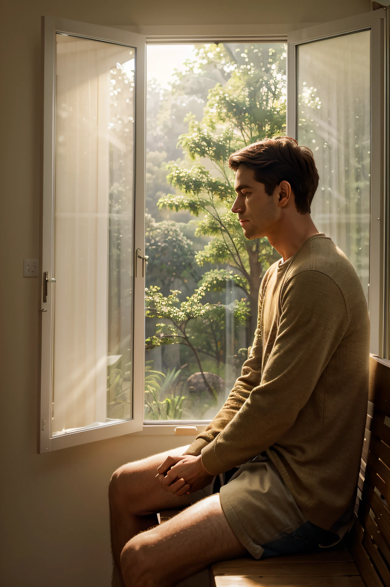 (a man sitting on a bench, contemplating while looking out of a window),illustration,peaceful scenery,beautiful nature,sunlight streaming through the window,calm atmosphere,quiet surroundings,solitude,deep thoughts,serene expression,majestic trees,soft breeze,rays of golden light,subtle shadows,peaceful colors,highres,ultra-realistic,professional work,stunning details,impressive artistry,vivid colors,human emotions,artistic interpretation,warm color tones,gentle lighting