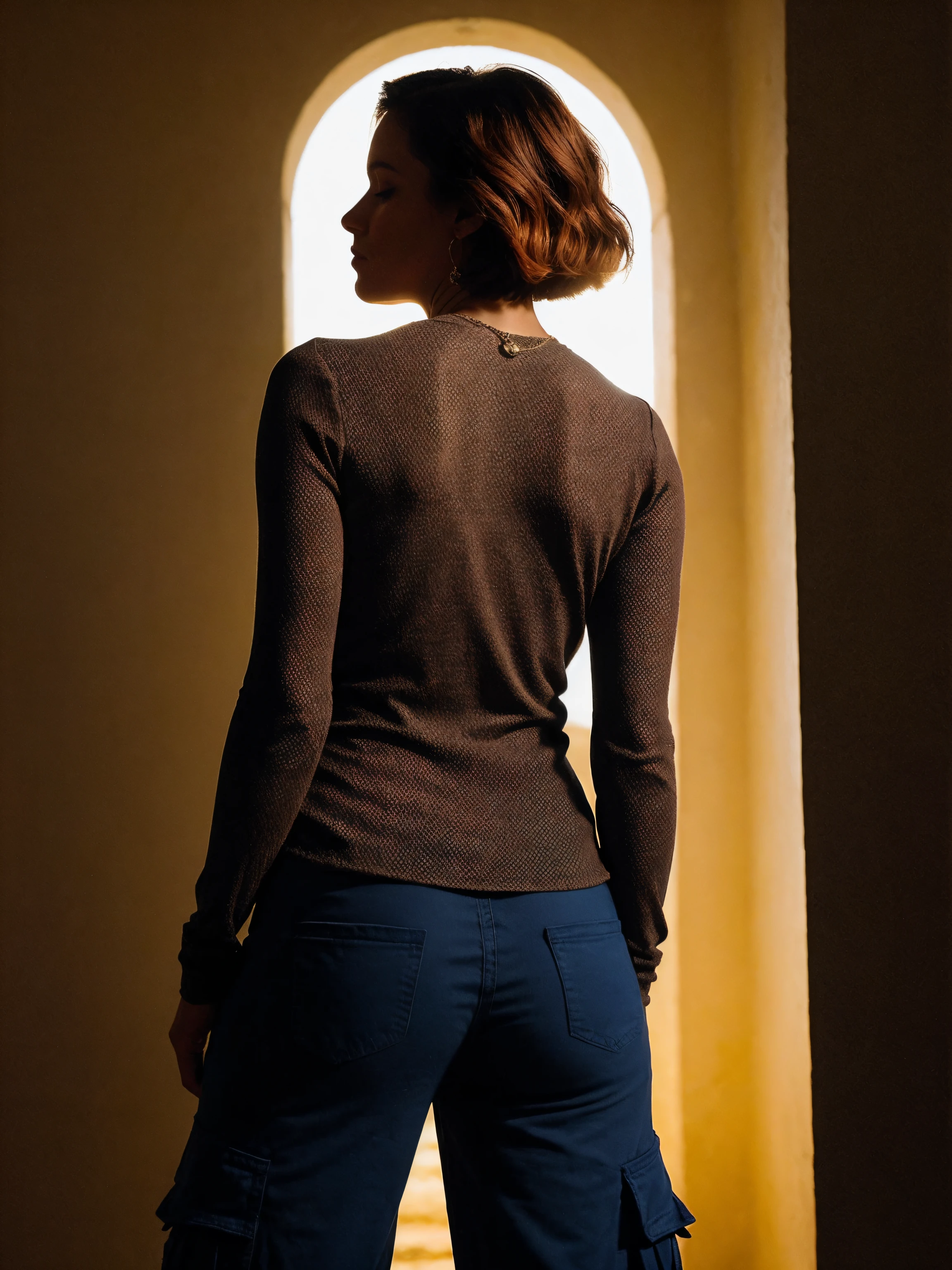 deep moody instagram photo, lower body photo of 32 years old woman, from behind, bending over, from below, Mesh long-sleeve top, cargo pants, pendant necklace, and cuff bracelet, spreadassms , hand on own ass, round shaped ass, spread ass, glory hole, Bob cut hair cut, dirty Red hair color, color gradient, bright tips of hair, sun-kissed skin, hard shadows, dark, nighttime, overexposed filter, silhouetted against the bright light,