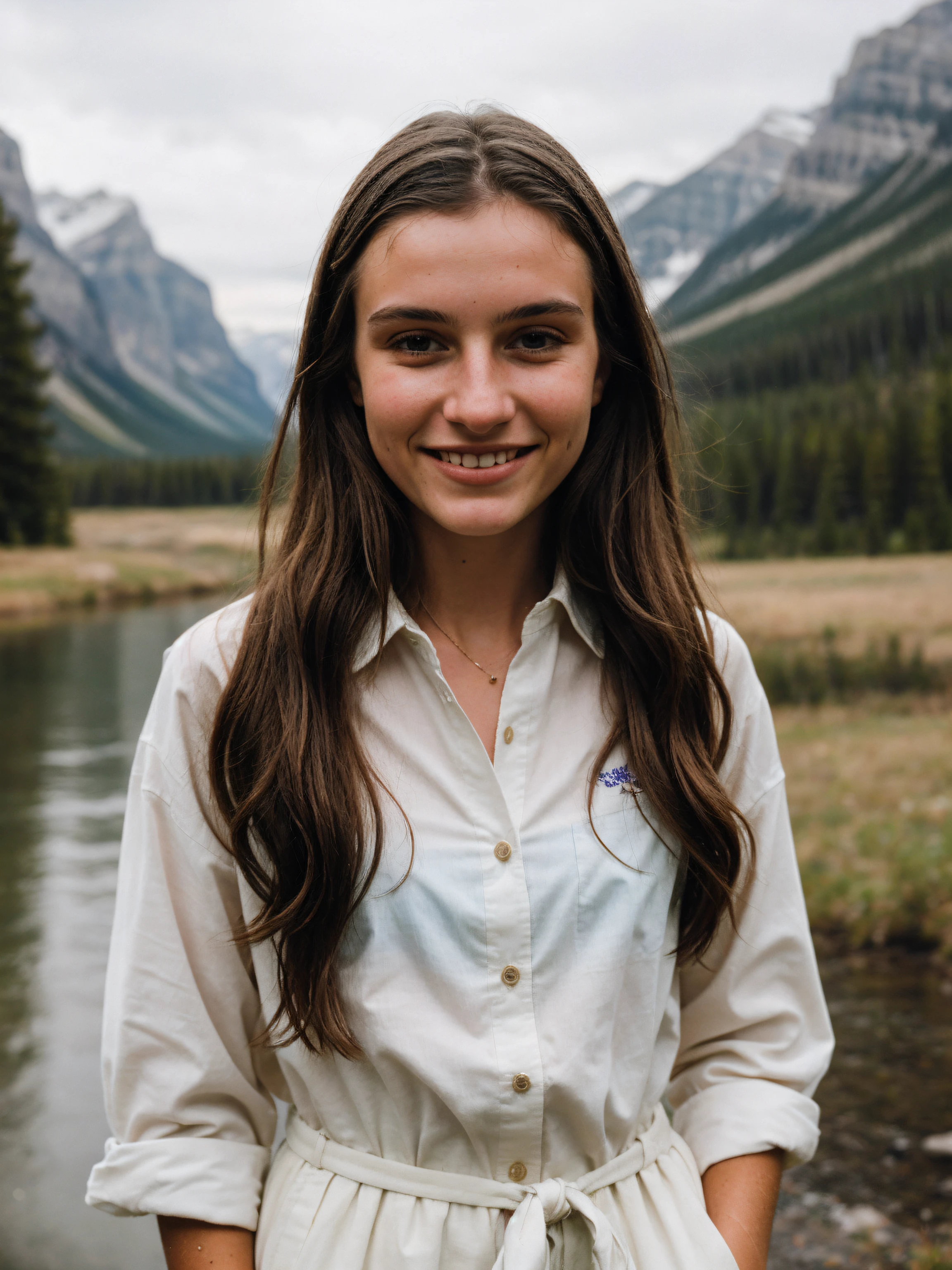 A stunning intricate full color portrait of a wet 18 year old smiling Czech woman, wearing White button-up shirt tied at the waist, wide-leg trousers, and loafers, Breathtaking Banff National Park, Canada, many spectators, epic character composition,by ilya kuvshinov, alessio albi, nina masic,sharp focus, natural lighting, subsurface scattering, f2, 35mm, film grain, face closeup