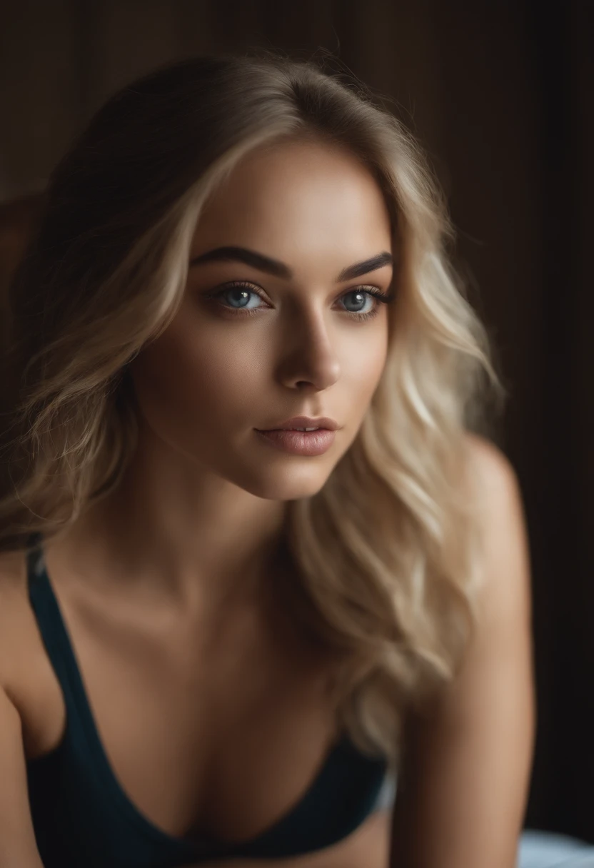 oman with matching tank top and panties, fille sexy aux yeux bleus, Portrait Sophie Mudd, Portrait de Corinna Kopf, cheveux blonds et grands yeux, selfie of a young woman, ohne Maquillage, maquillage naturel, Look directly into the camera, Visage avec Artgram, dezentes Maquillage, Superbe photo du corps entier, dans la chambre, gros seins, Blonde, Latin