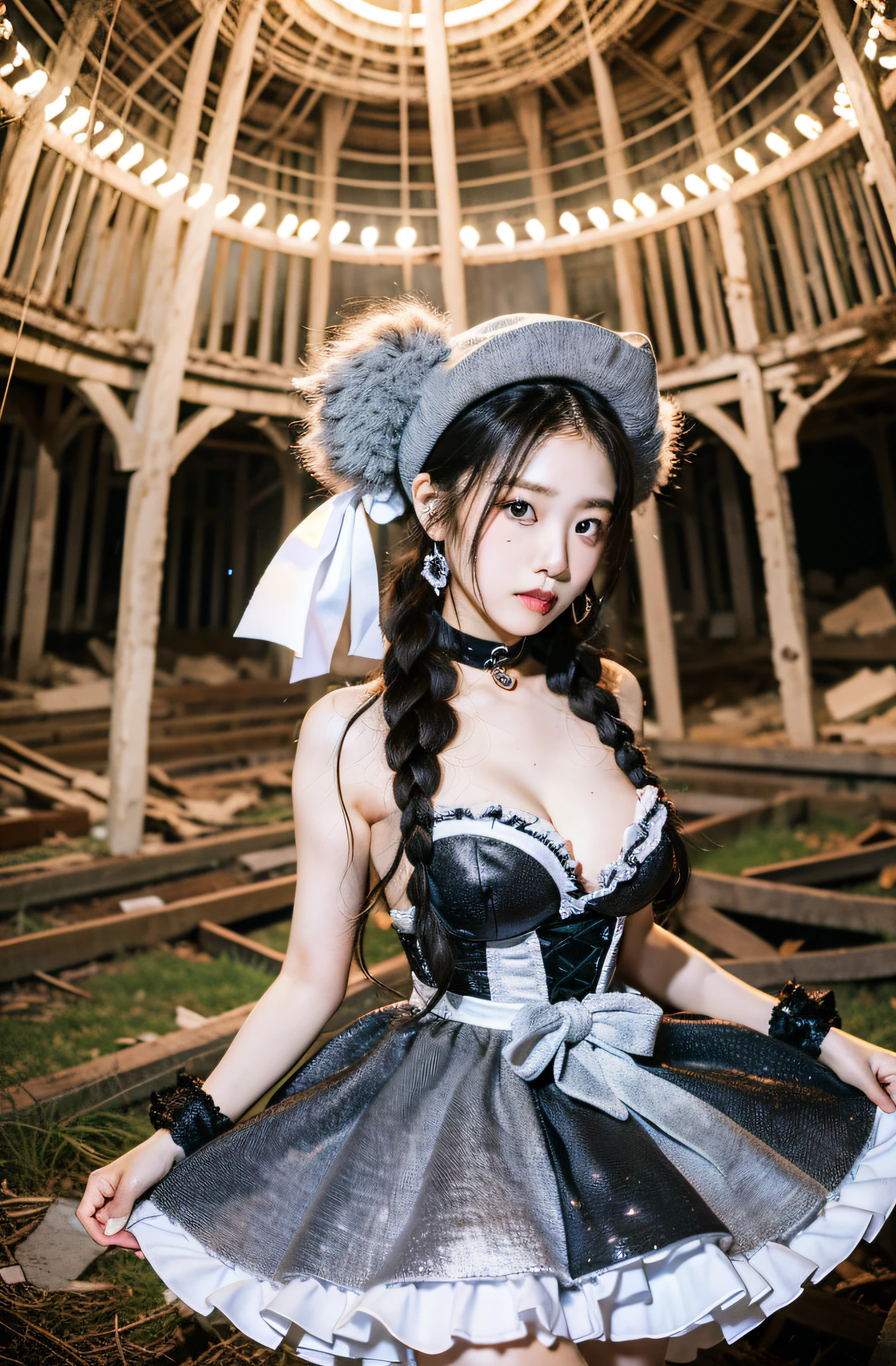 In the center of the night, Eli from Morning Musume is captured in a seductive Halloween costume, In the ruins of an old circus hall. The dilapidated merry-go-round behind her spins slowly, There are ghostly figures on board. The atmosphere is enchanting and spine-chilling. Medium: Photography, Style: Ultra-realistic with elements of vintage horror, Lighting: Ambient Night Lighting with Soft Highlights on ERI, Colors: Deep Blues, blacks, And occasionally brightly colored silver from Eli's costume, Composition: Shot using Nikon D850, Nikkor 85mm f/1.4 lens, Resolution 45.7 megapixels, ...ISO: 12800, Shutter Speed: 1/125 sec. --ar 16:9 - V5.1 --Style raw --Q 2 --S 750