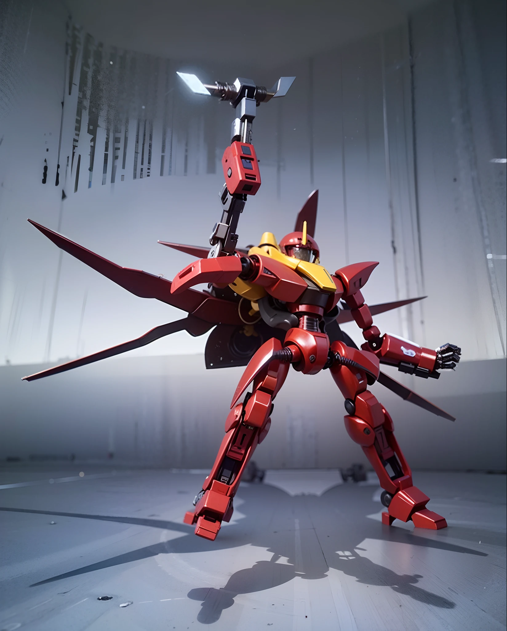 A large mecha robot, Head with red and brown metal parts, Chest with red metal parts, amarelas, cinzas e marrons, compartimento nas costas amarelo, Left arm with brown metal parts, vermelha e cinza, Right arm made of chrome-plated metal parts, Legs with red and brown metal parts