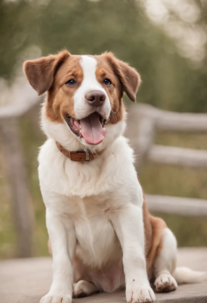 The cutest but also the biggest dog ever, brown and white spots, tongue out, happy expression, sitting down