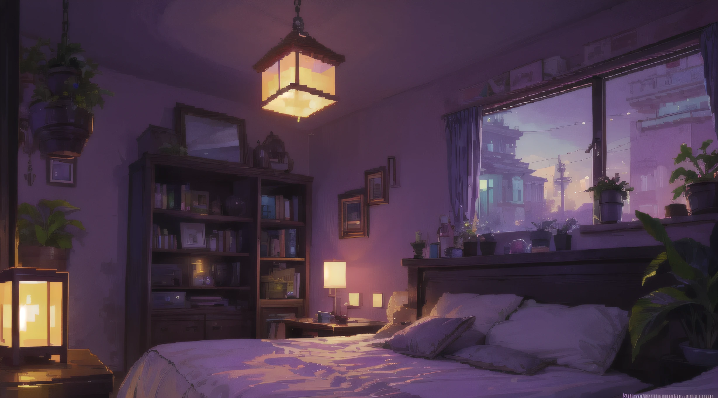 Pixel art, Dimly lit purple room, janela ao fundo, noite, cozy e cheia de plantas nos lados