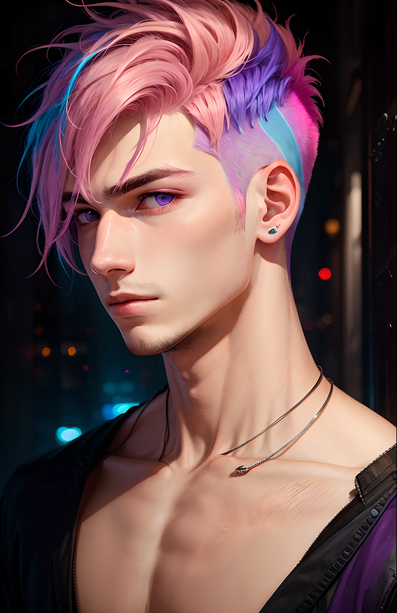 Young man with pink hair and short hair and purple eyes
