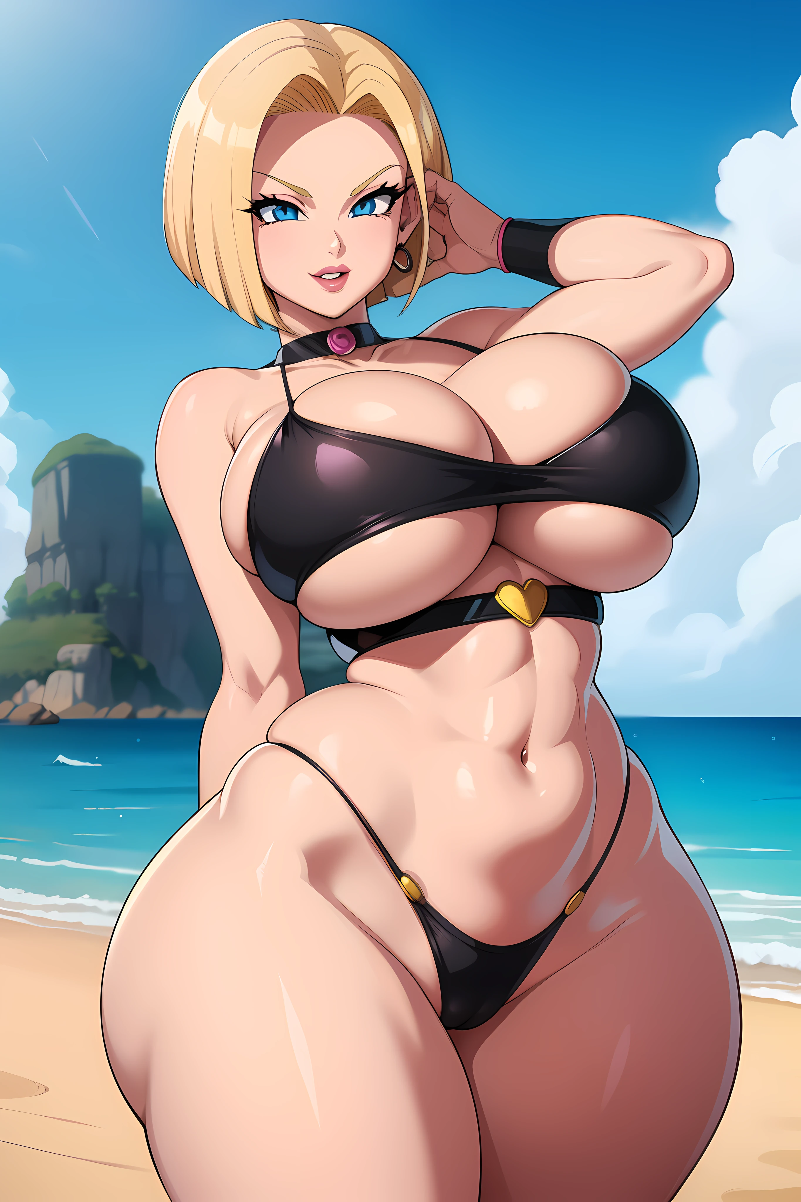 Dragon ball, android 18, 1girl, (((bimbo))), puffy lips, painted lips, thick lips, wide hips, thick thighs, big breast, huge ass, revealing cleavage, erotic, Smile face, bubble butt bursting out of clothes, camel toe, Breasts, black bikini, on the beach, posing