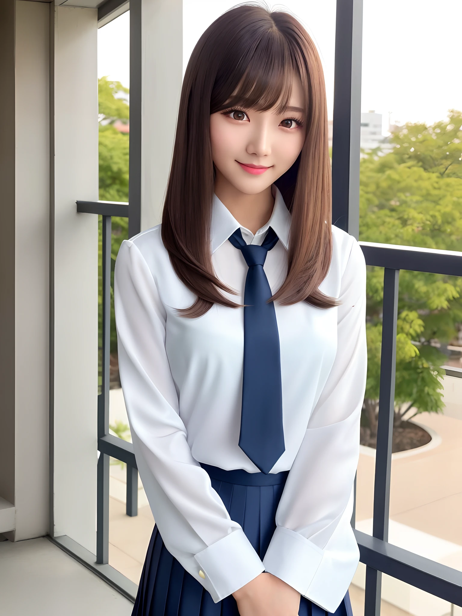 product quality, 1girl, upper body shot, front view, a Japanese young pretty woman, long bob hair, standing with a big smile on a balcony in a high school, glamorous figure, wearing a long sleeve white collared silky satin shirt with shiny satin dark blue plain long tie, wearing a dark blue pleated long skirt, hyper cute face, glossy lips, double eyelids in both eyes, natural makeup, long eyelashes, shiny smooth light brown long bob hair, asymmetrical bangs, a tanned skin, central image, high resolution, high detail, detailed hairstyle, detailed face, spectacular cinematic lighting, octane rendering, vibrant, hyper realistic, perfect limbs, perfect anatomy