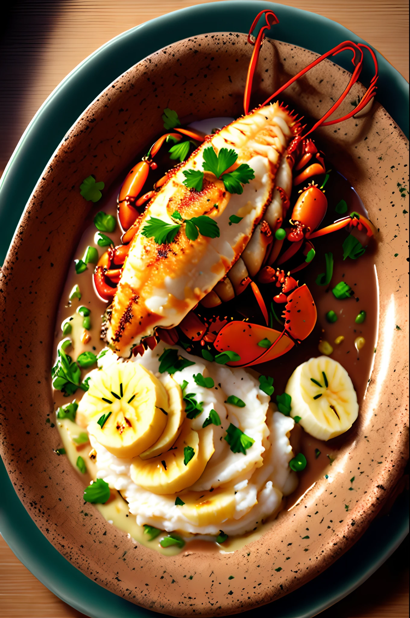 Lobster with mashed potatoes, alcaparras e banana da terra. Prato sofisticado e criativo